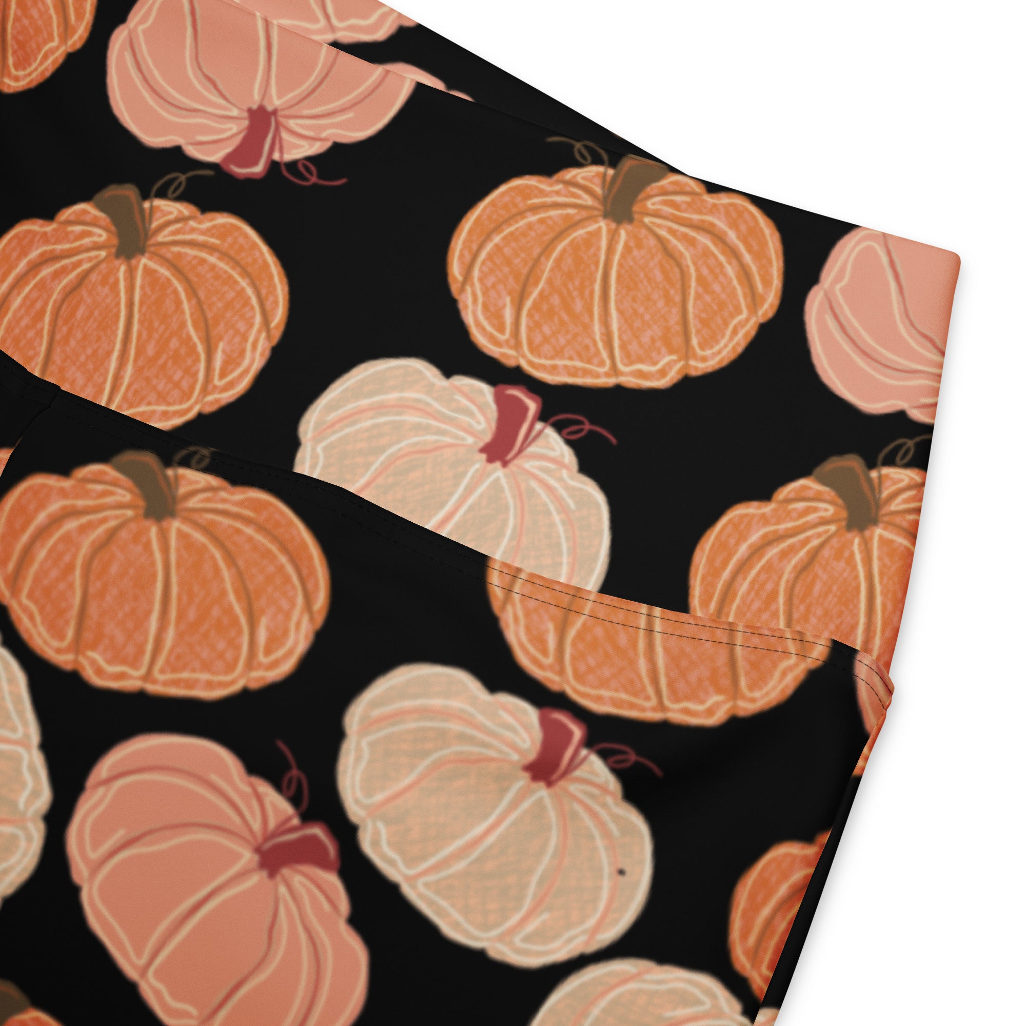 Women’s pumpkin patch high waist flare leggings in black with playful orange peach and cream illustrated pumpkins