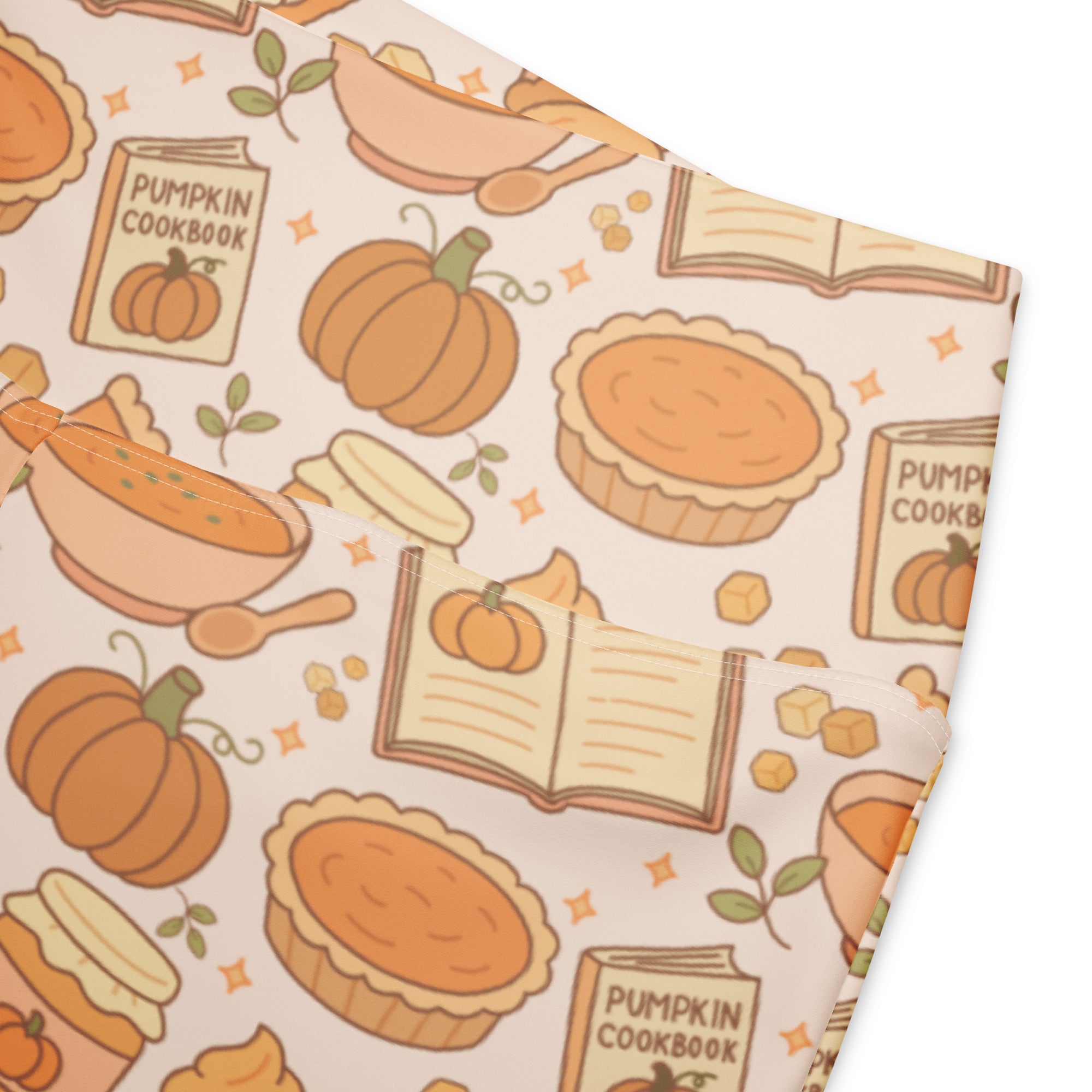 Women’s cream-colored high waist flare leggings with soft fabric and autumn pumpkin pie themed pattern