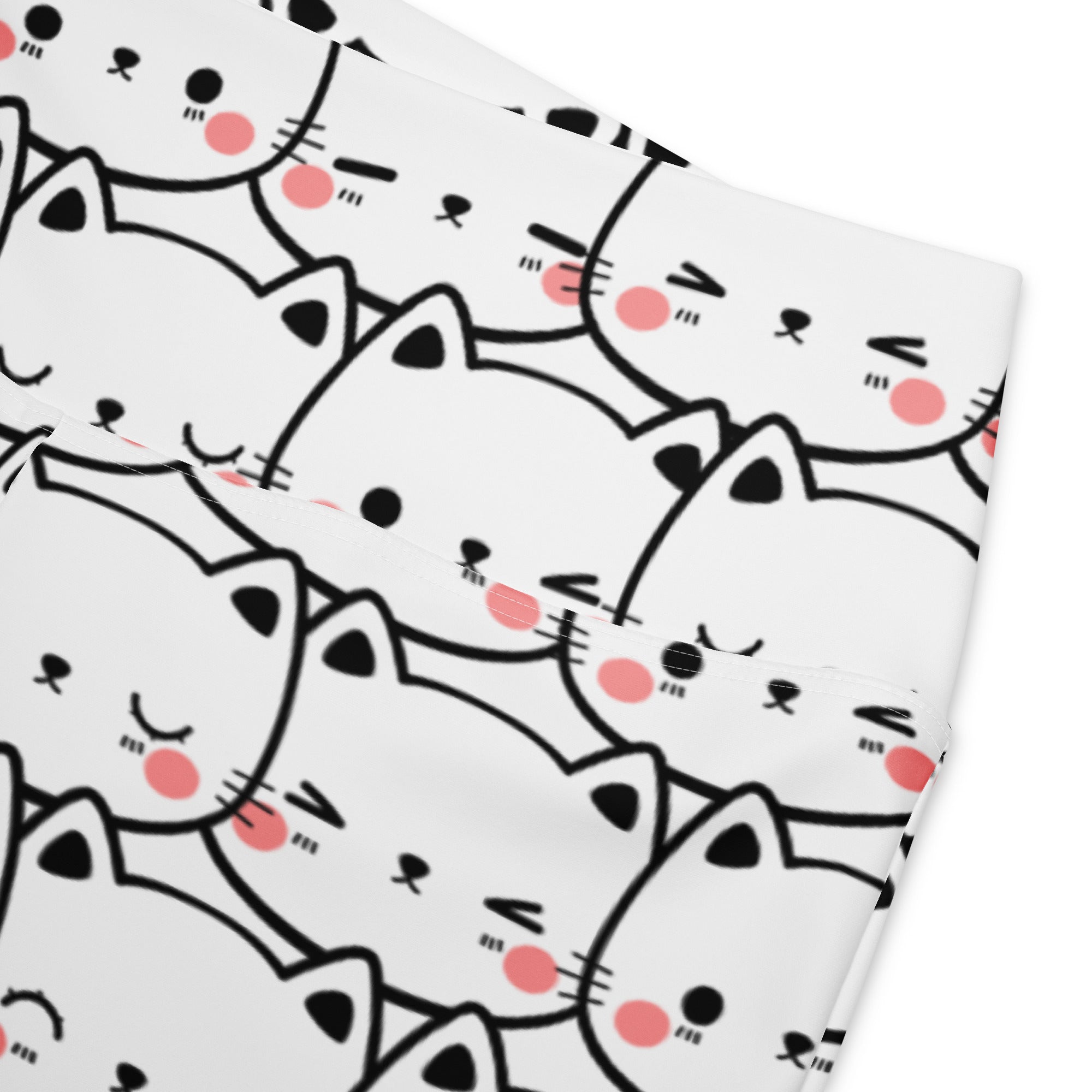 Women’s white high waist flare legging pants with black outlined cartoon cats and blush cheeks print on fabric