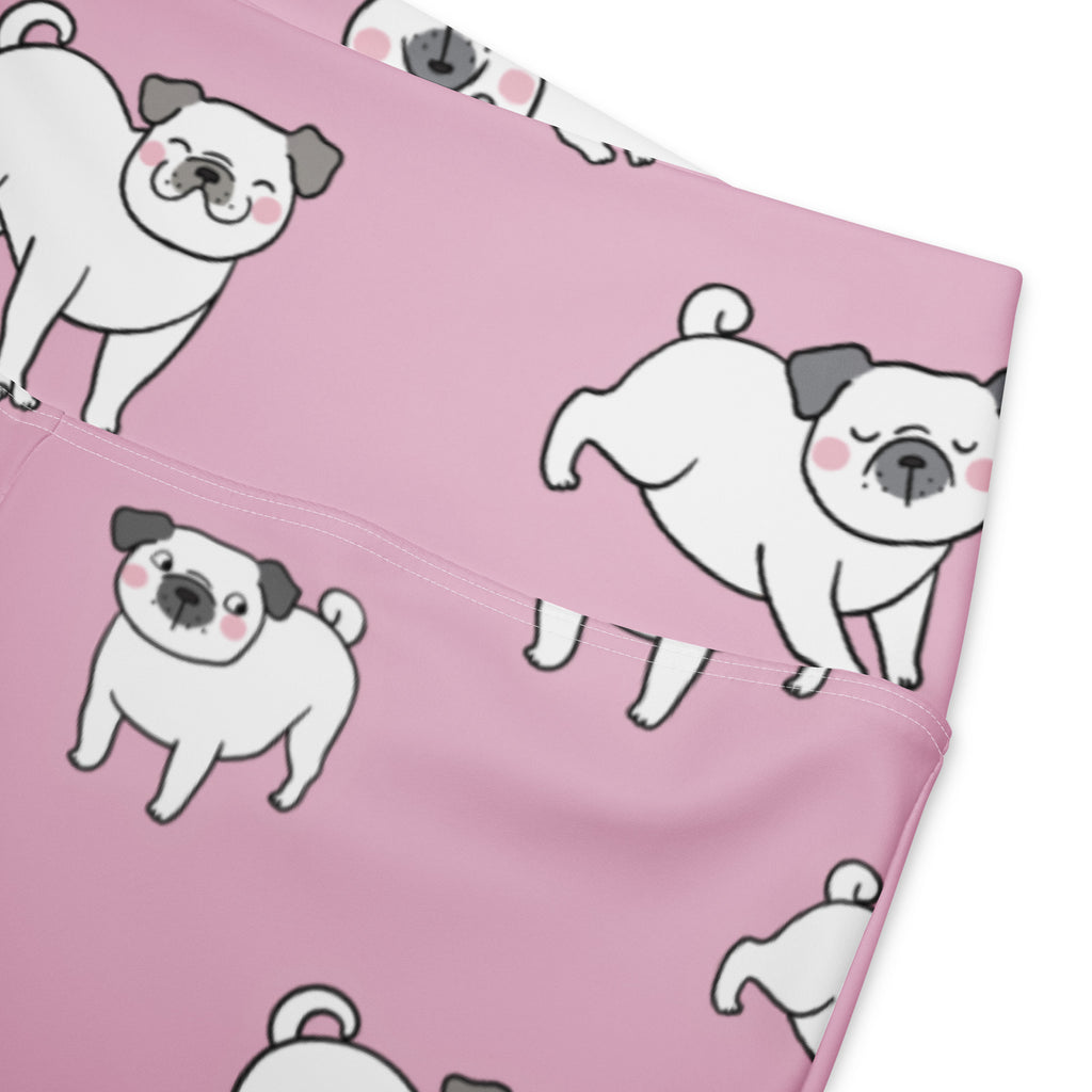 Women’s pink high waist flare legging pants with white and gray cartoon pug pattern on soft fabric