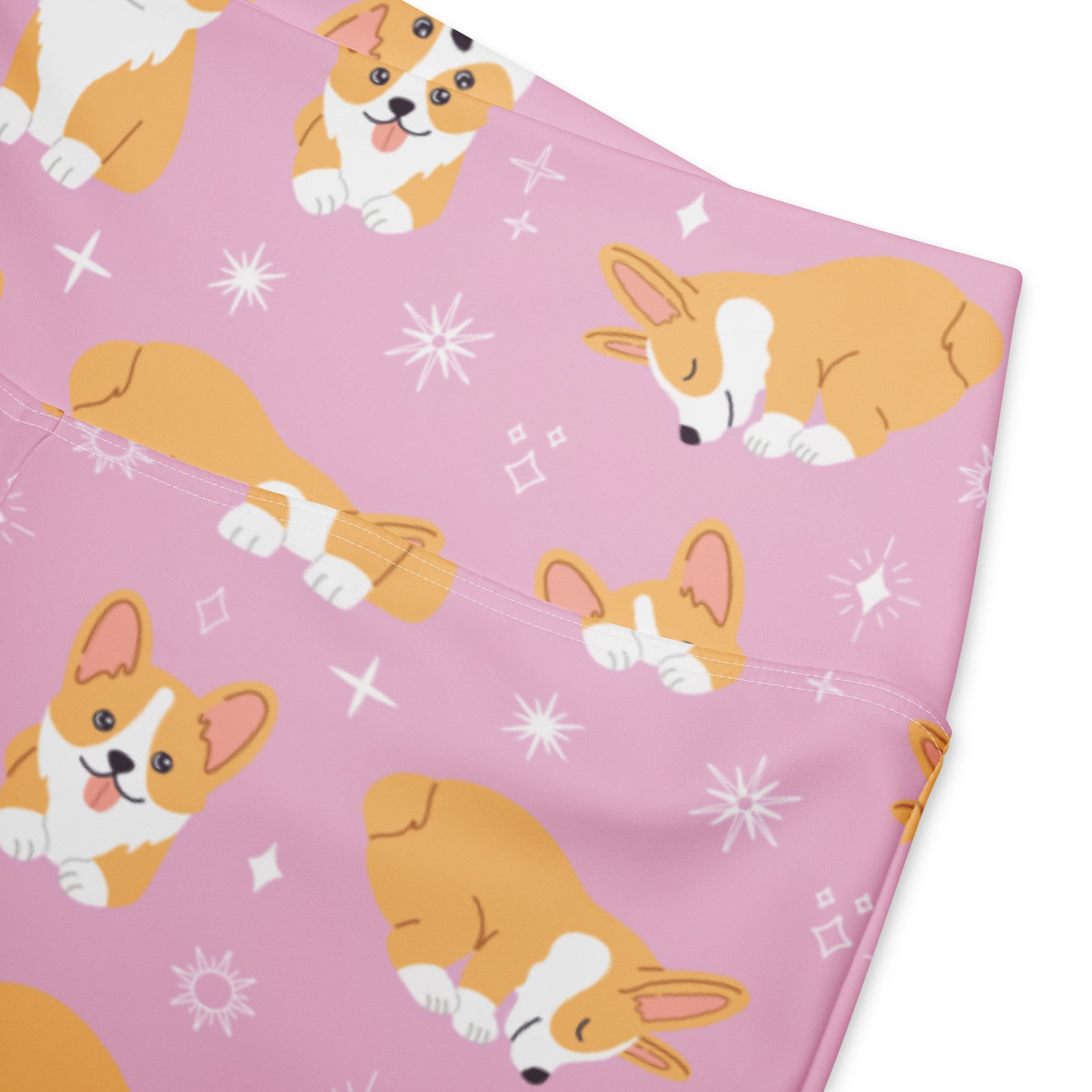 Women’s pink corgi dog high waist flare legging pants with tan and white corgi pattern and small white stars