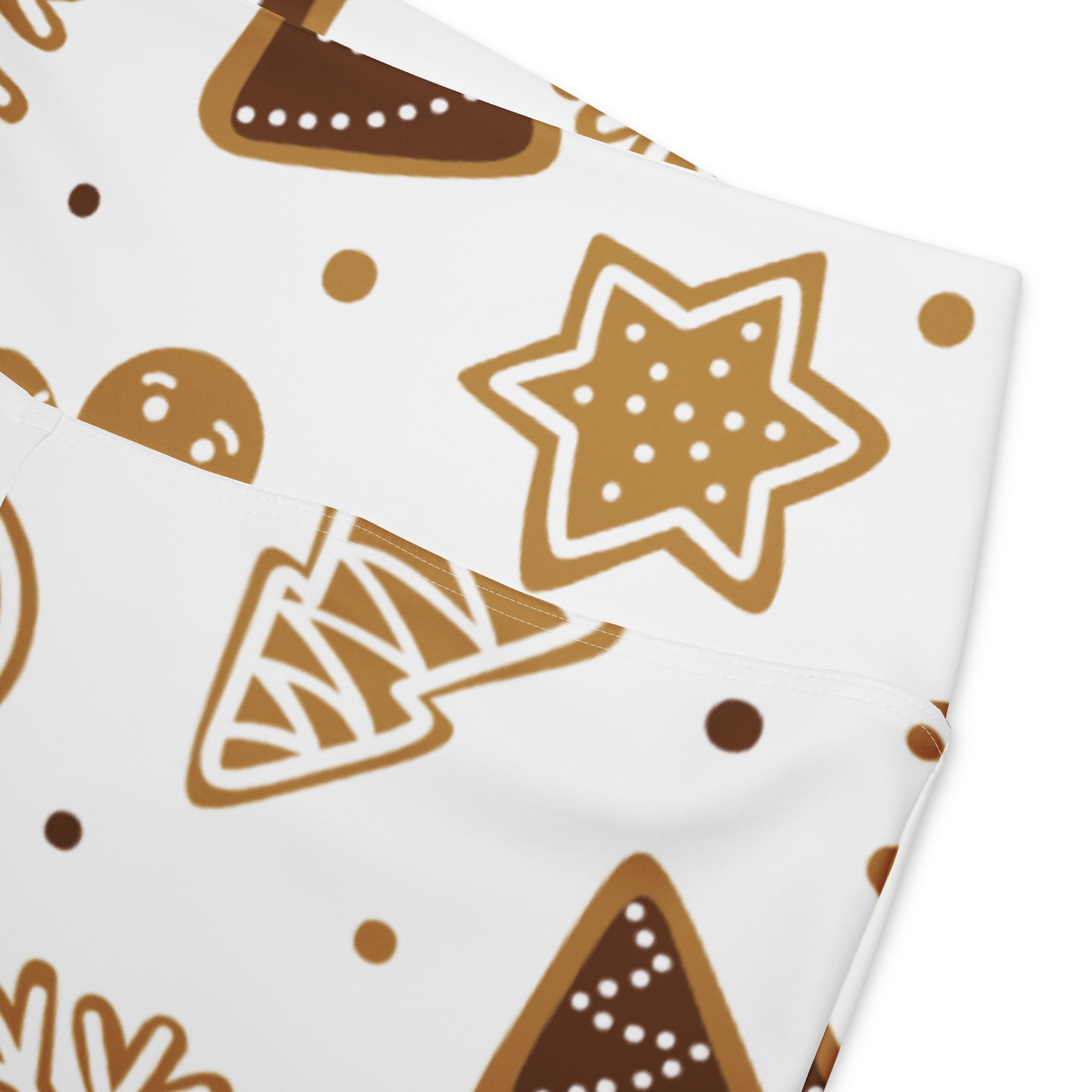 White fabric women’s gingerbread cookies christmas high waist flare legging pants with brown cookie and star pattern