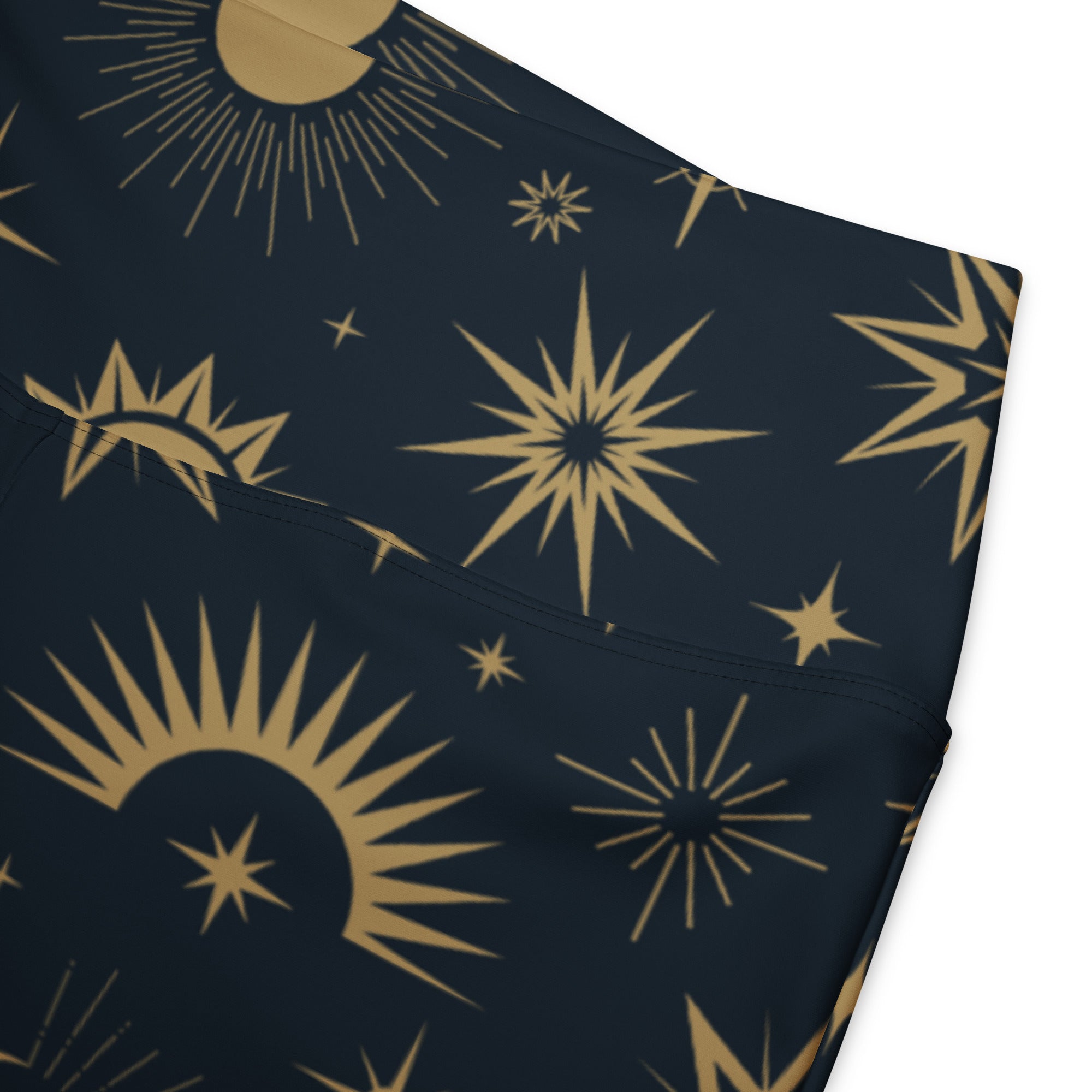 Women’s dark navy high waist flare leggings with gold celestial sun moon and star pattern