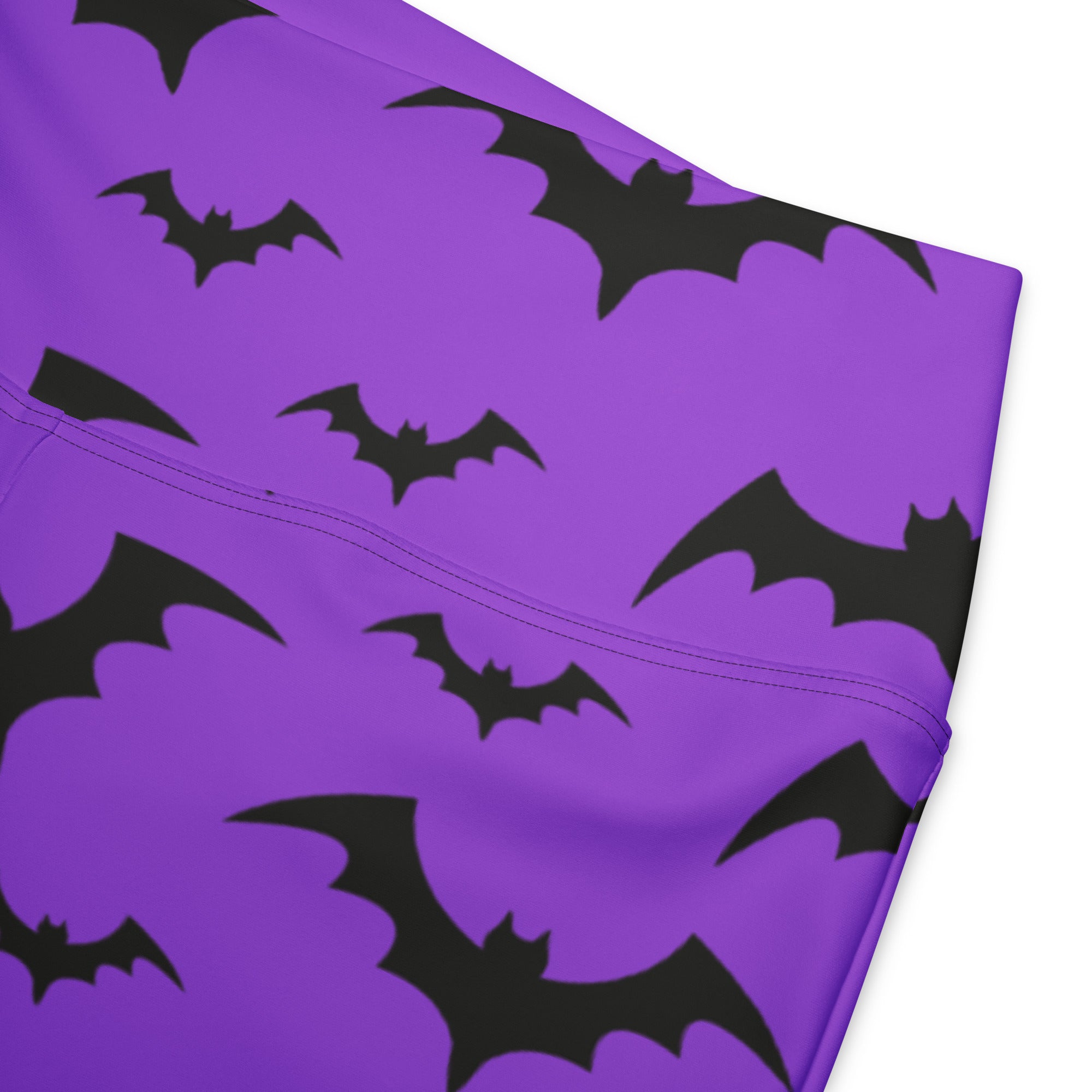 Women’s purple high waist flare leggings with black bat pattern perfect for halloween wear
