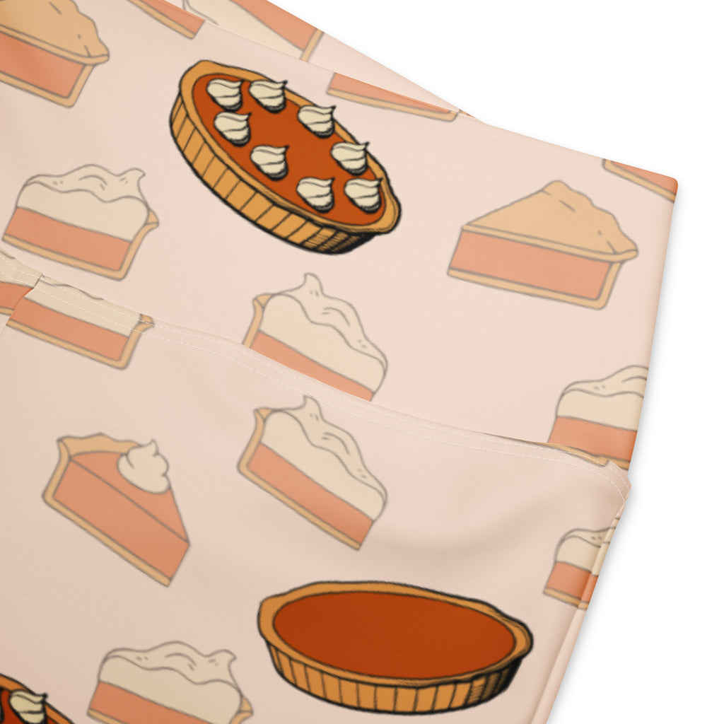 Women’s pumpkin pie thanksgiving high waist flare leggings in soft pink fabric with orange and brown pumpkin pie pattern