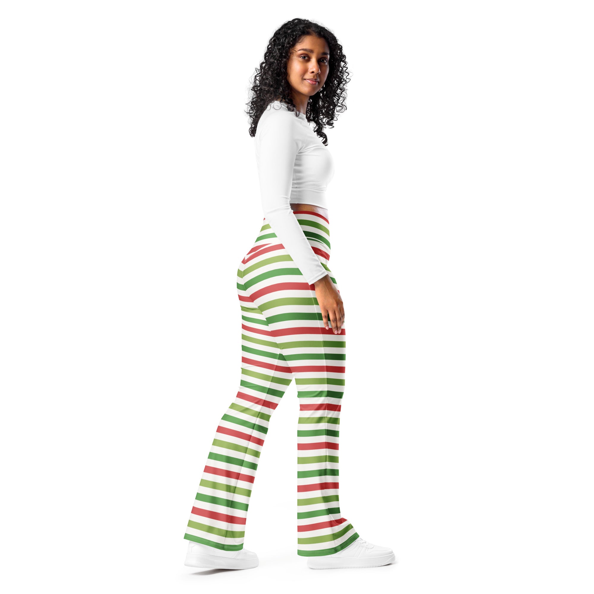 Women’s high waist flare legging pants with red and green stripes made from stretchy comfortable fabric