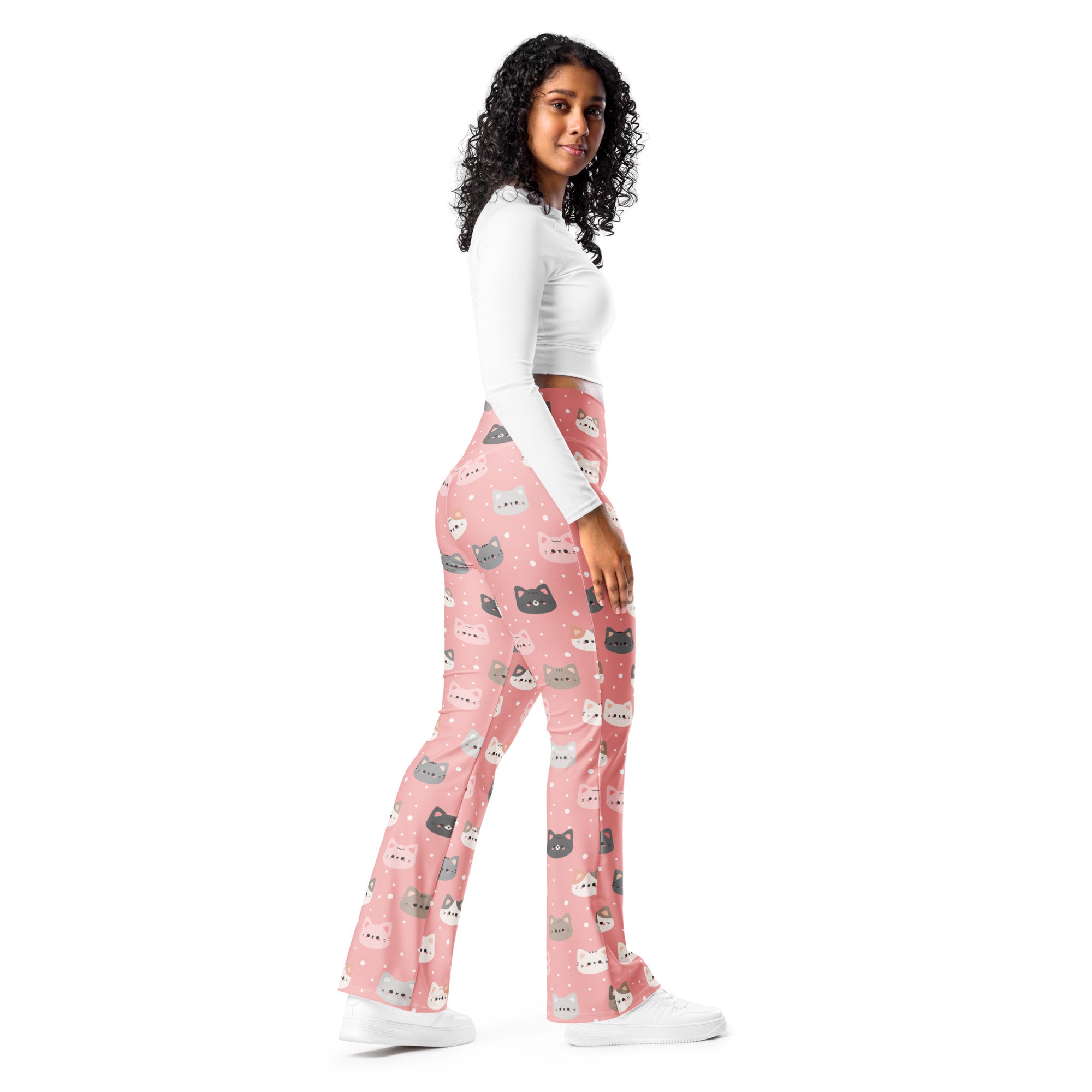 Women’s cute pink cat faces high waist flare legging pants with playful cat print and comfortable stretchy fabric