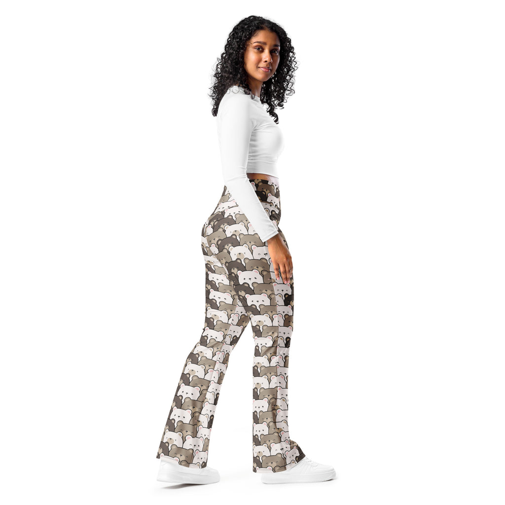 Women’s cute bear print high waist flare legging pants with white gray and black cartoon cat pattern
