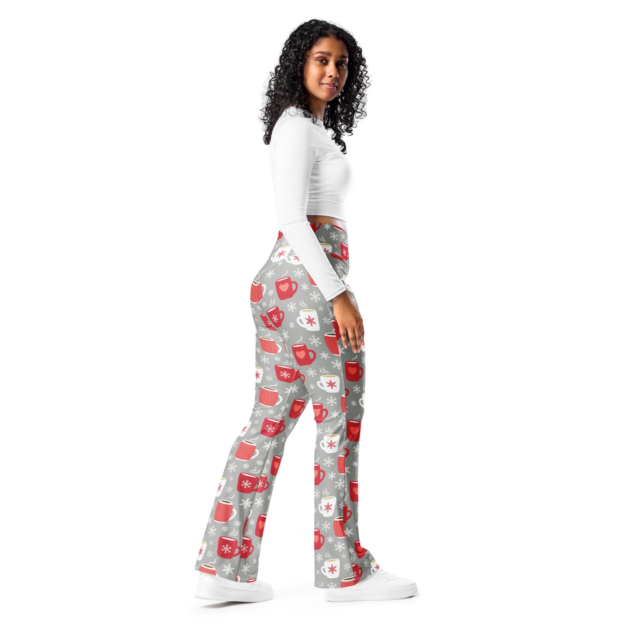Women’s hot cocoa christmas high waist gray flare pants with festive red and white coffee mug snowflake pattern