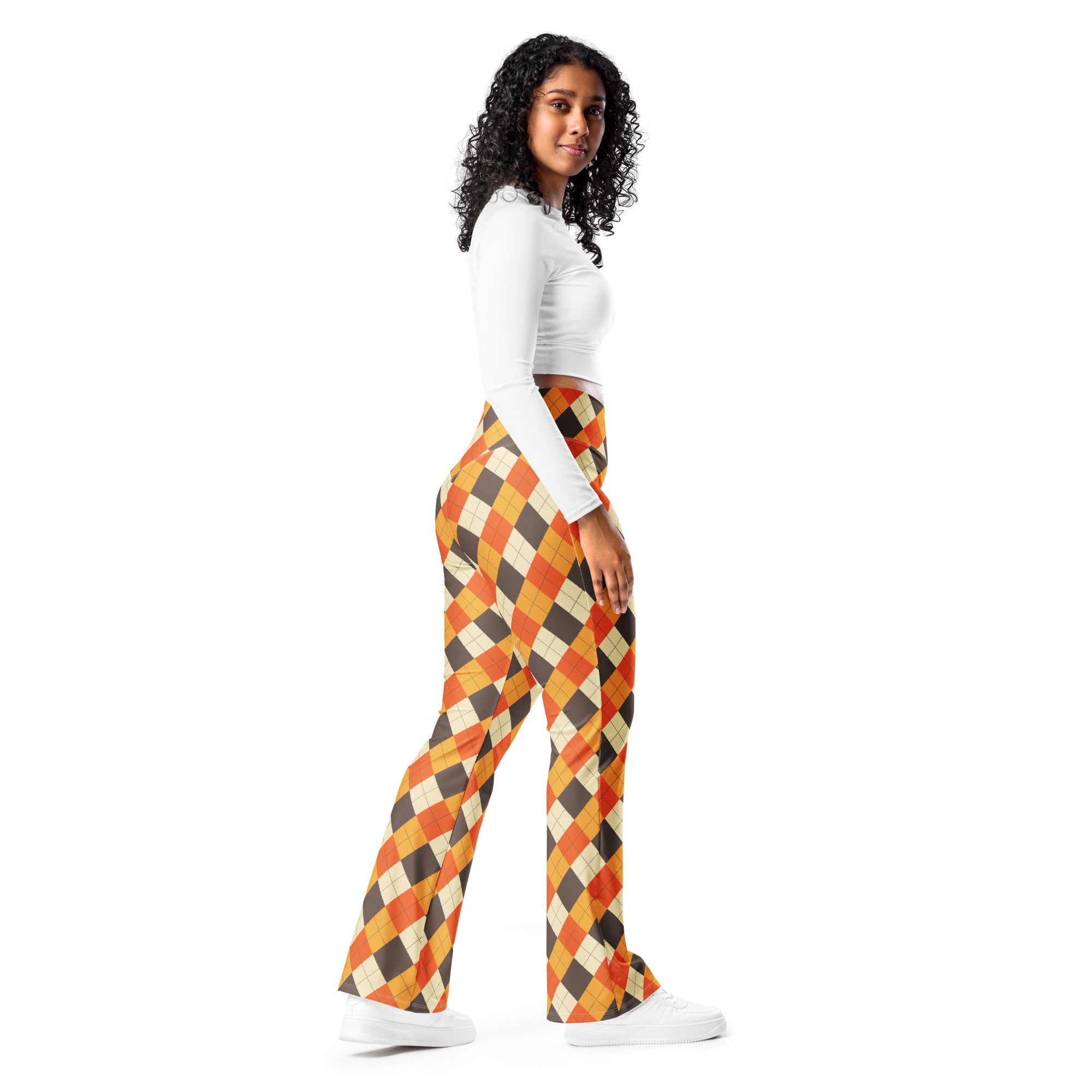 Women’s fall argyle high waist flare legging pants with bold orange brown and cream argyle pattern