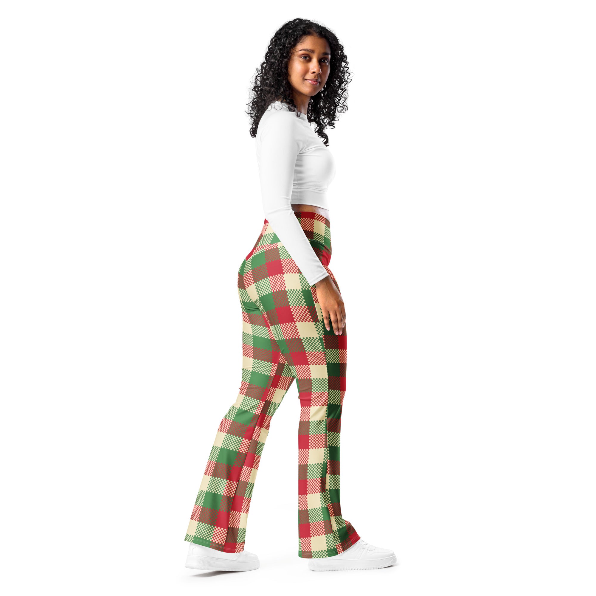 Women’s christmas plaid high waist flare legging pants in festive red green and cream flared plaid pattern