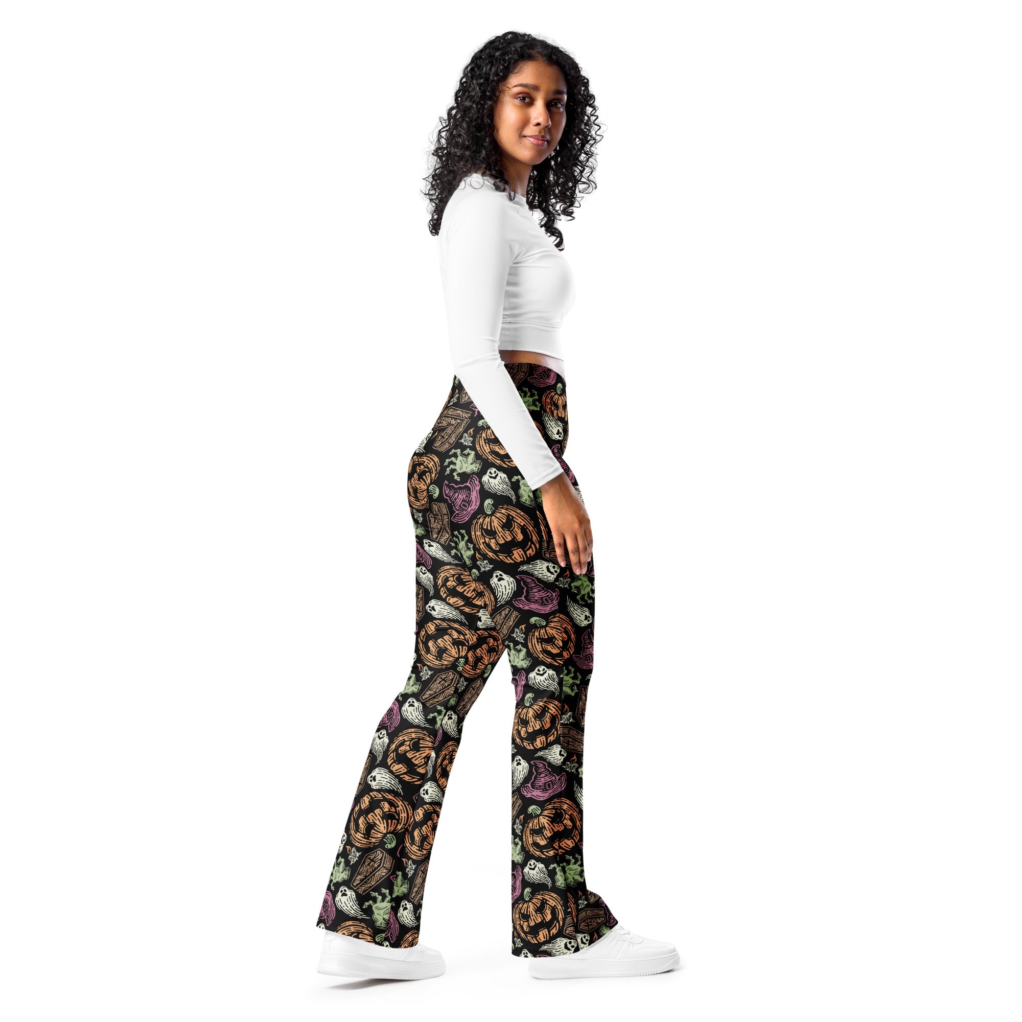 Women’s creepy halloween high waist black flare legging pants with vibrant orange pumpkins white ghosts and purple bats pattern