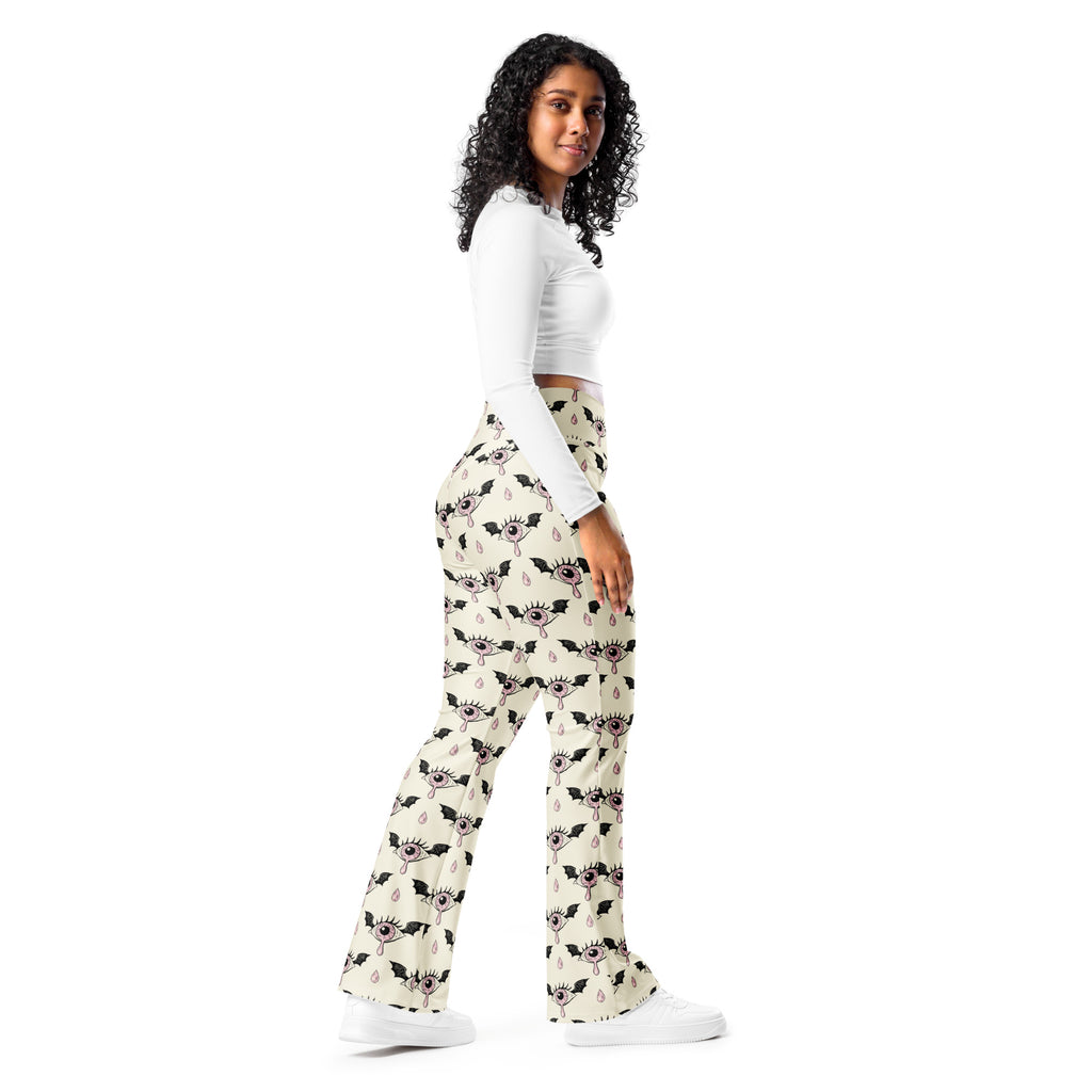 Women’s gothic eyeball bat high waist flare legging pants cream with black bat pattern and teardrop accents