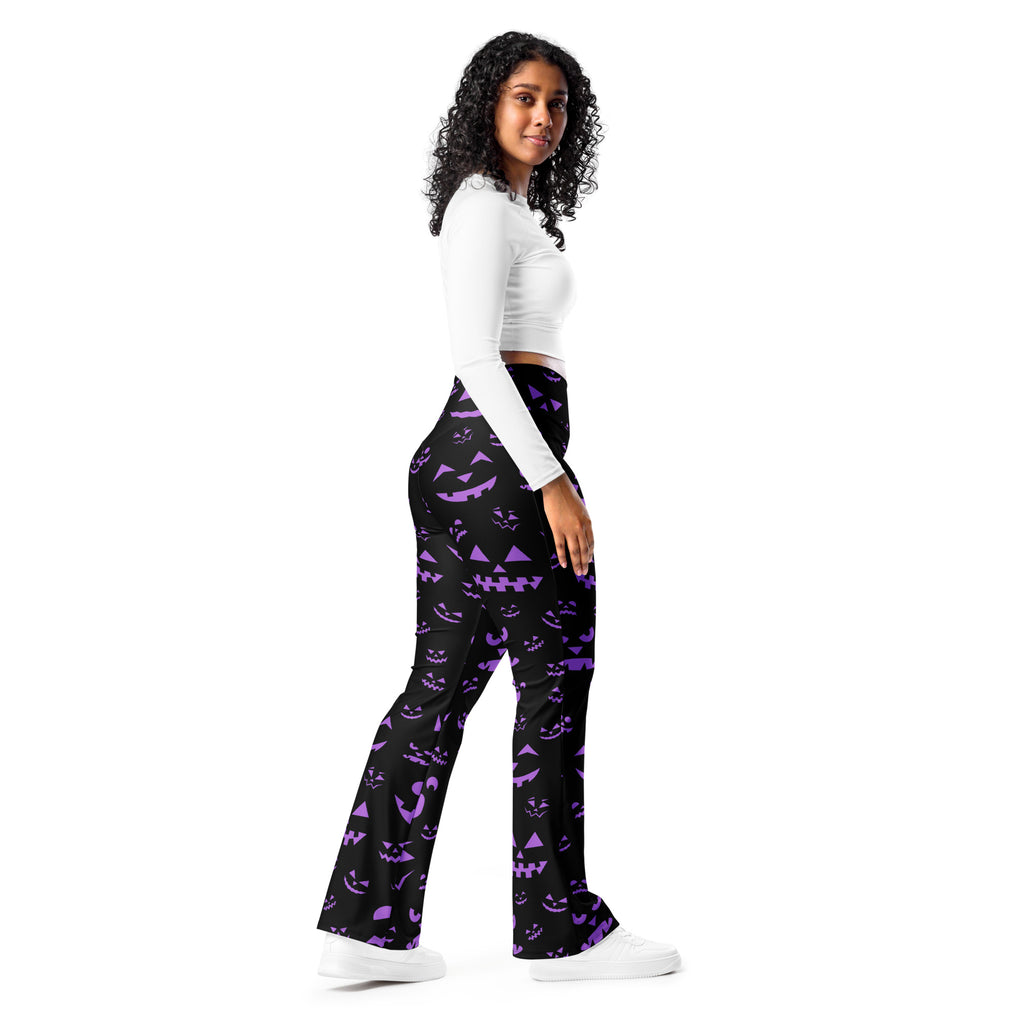Women’s black flared pants with purple jack o lantern pattern high waist halloween flare leggings