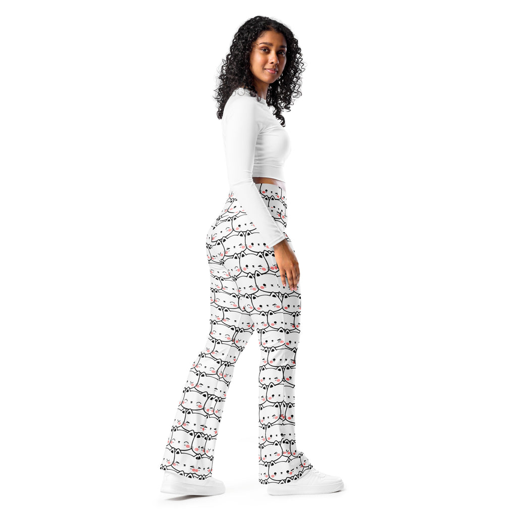 Women’s white cat print high waist flare legging pants with black and pink cartoon cat face pattern