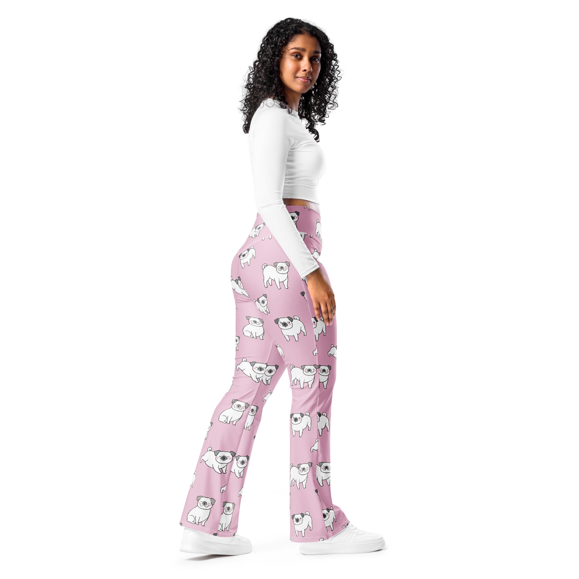 Women’s pink high waist flare legging pants with pug dog pattern made from stretchy fabric for casual wear