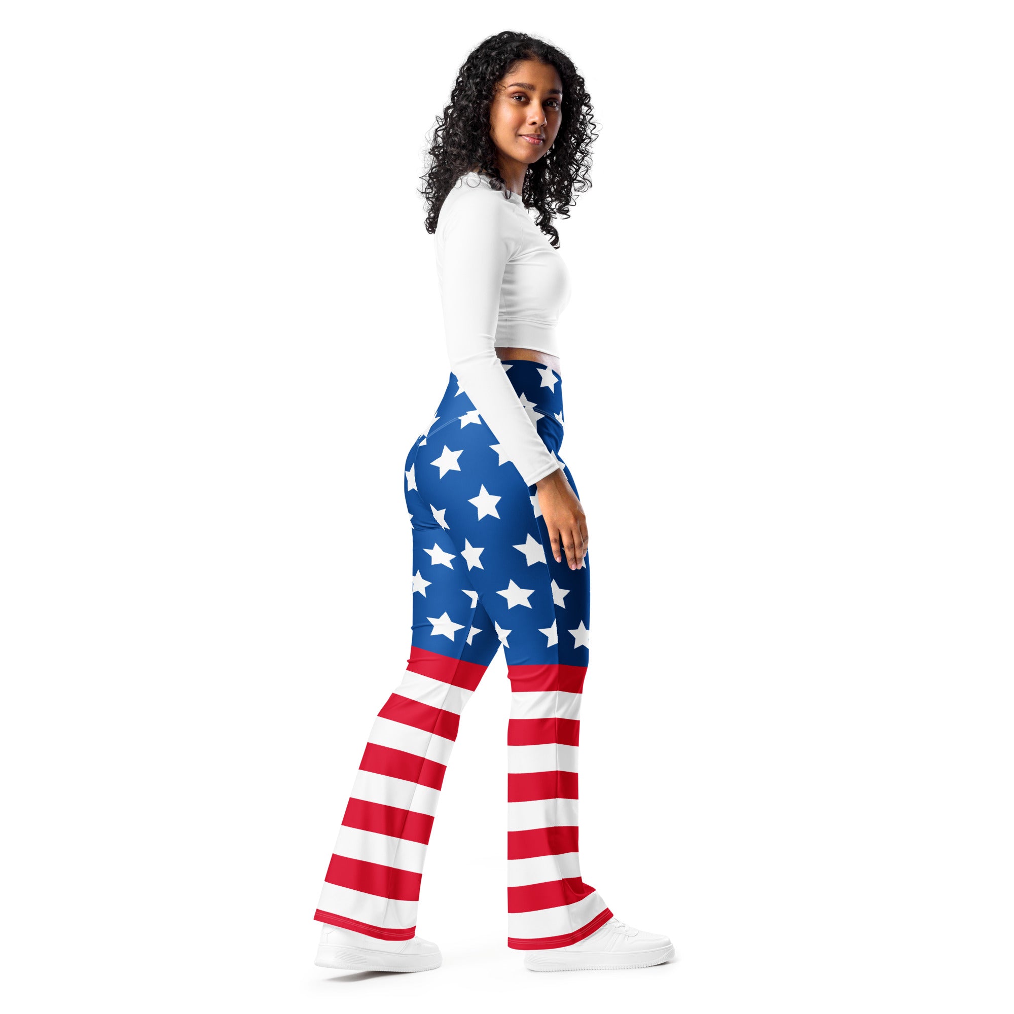 Women’s american flag high waist flare legging pants with blue star upper and red white striped flared legs