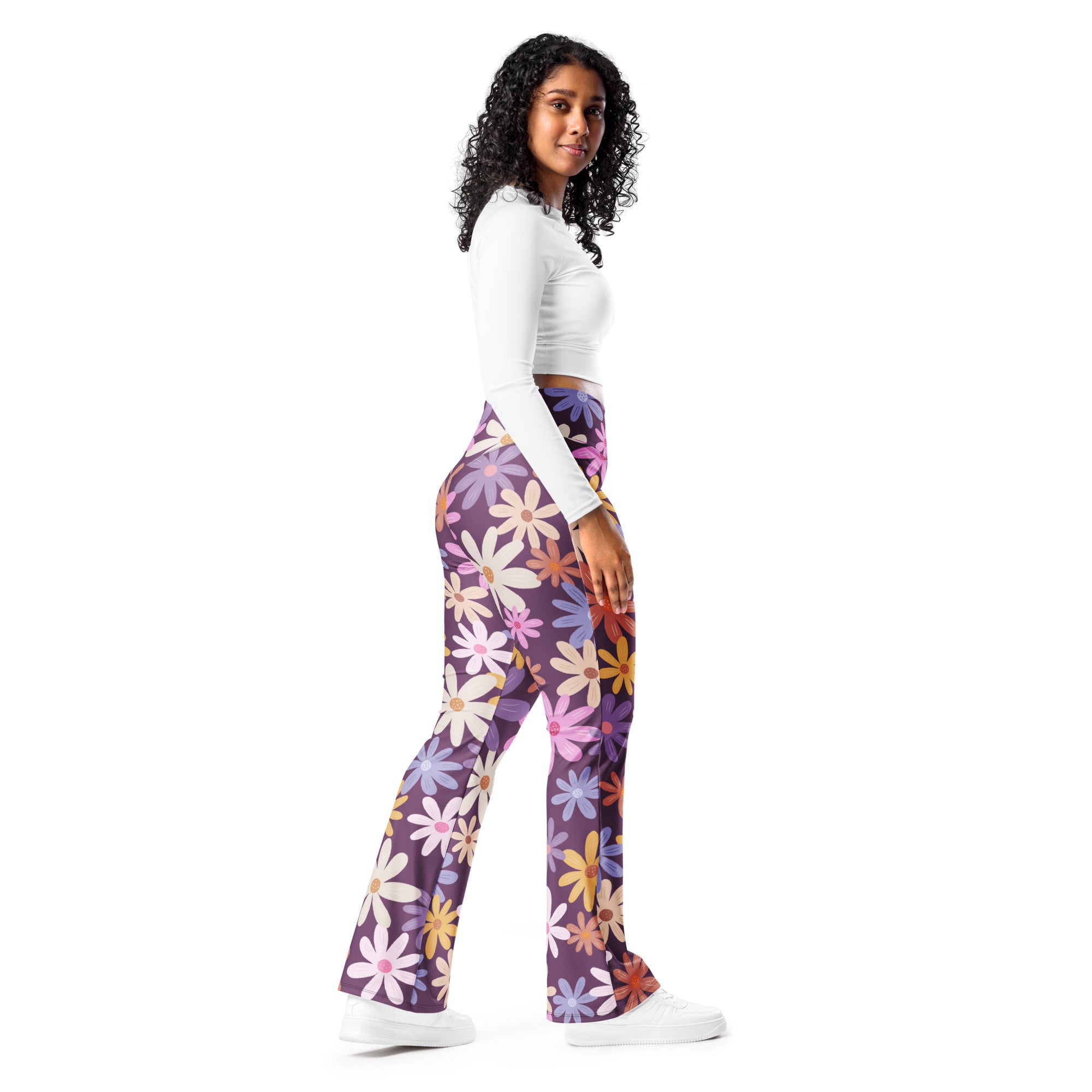 Women’s retro purple daisy high waist flare legging pants with vibrant pink white yellow blue floral print