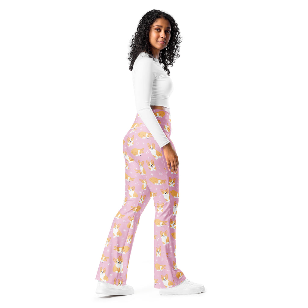 Women’s pink corgi dog high waist flare legging pants featuring a vibrant corgi pattern and stretchy fabric