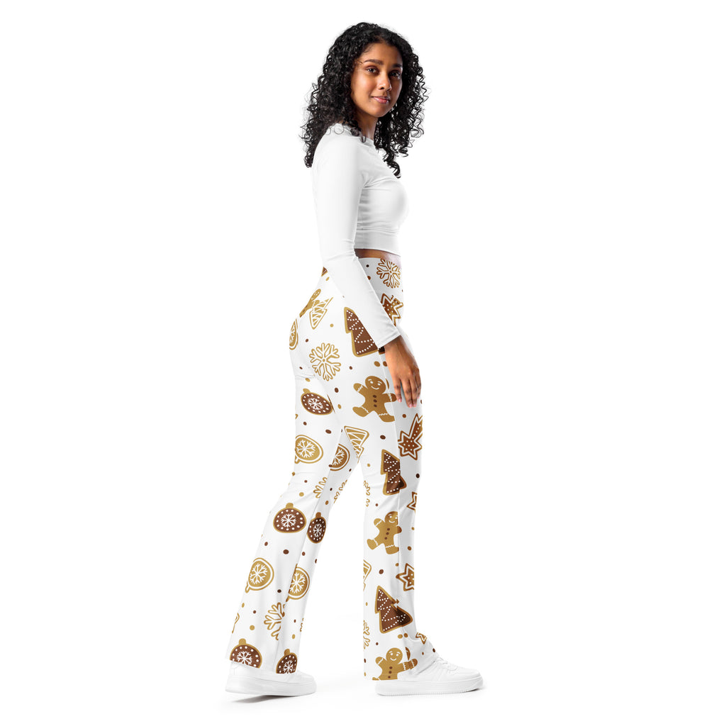 White high waist flare legging pants with festive gingerbread brown and gold holiday print for women