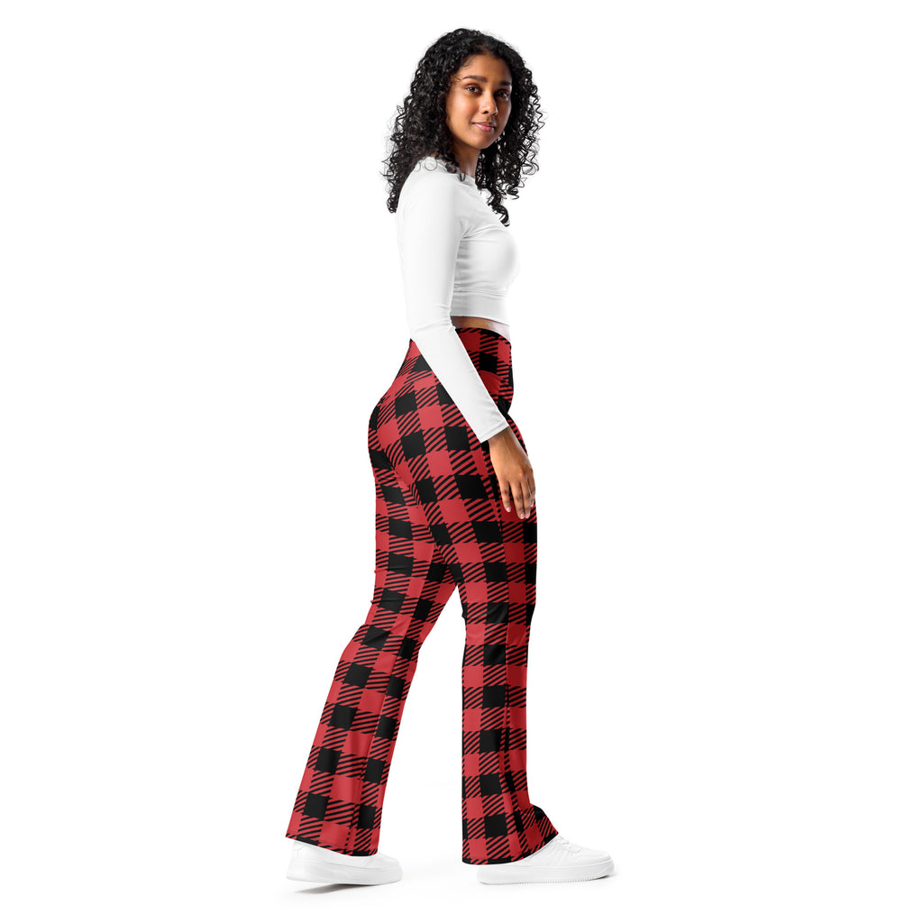 Women’s red buffalo plaid high waist flare legging pants in red and black flared plaid fabric front view