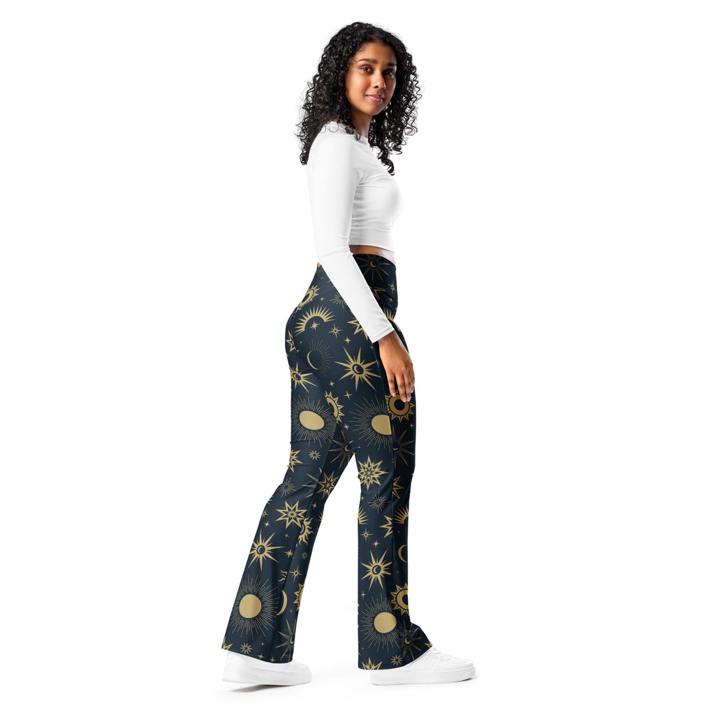 Women’s high waist dark blue flare pants with gold celestial sun moon and star pattern for stylish comfort