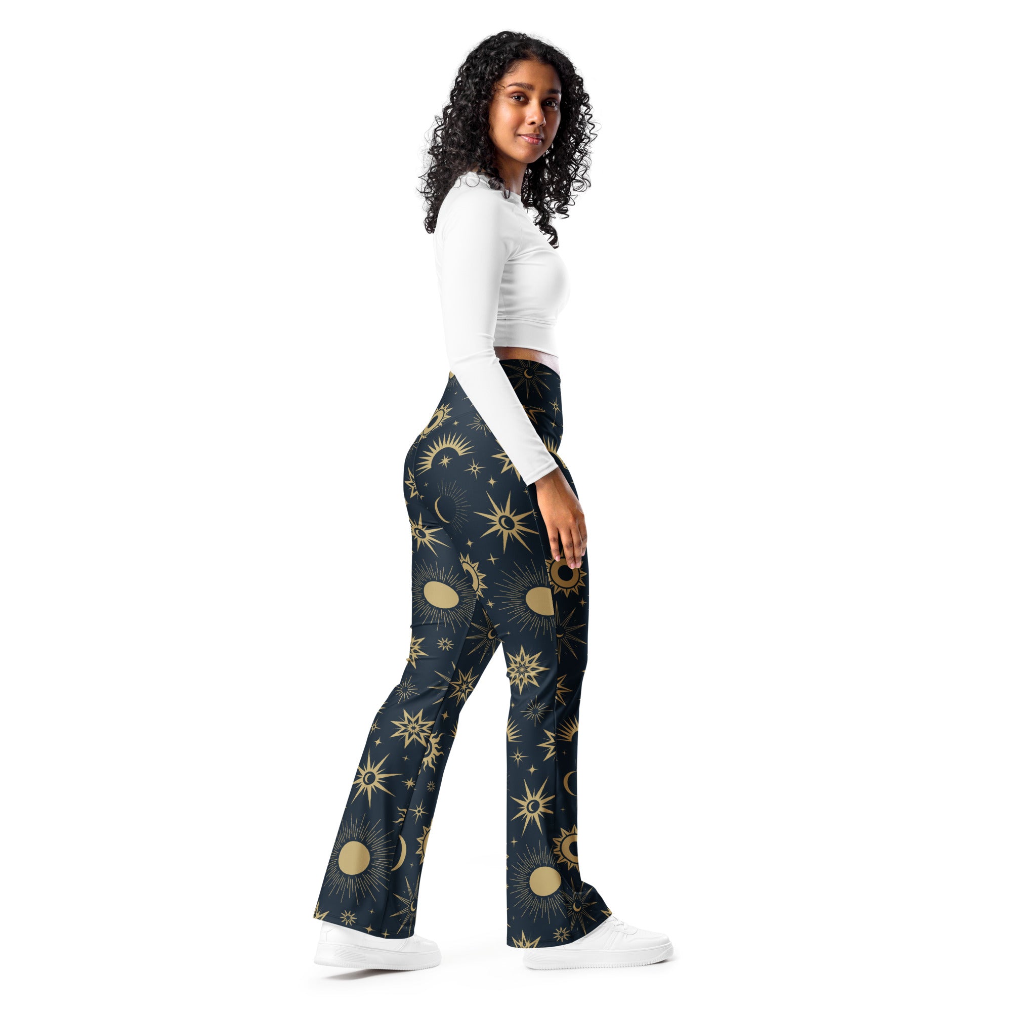 Women’s high waist dark blue flare pants with gold celestial sun moon and star pattern for stylish comfort