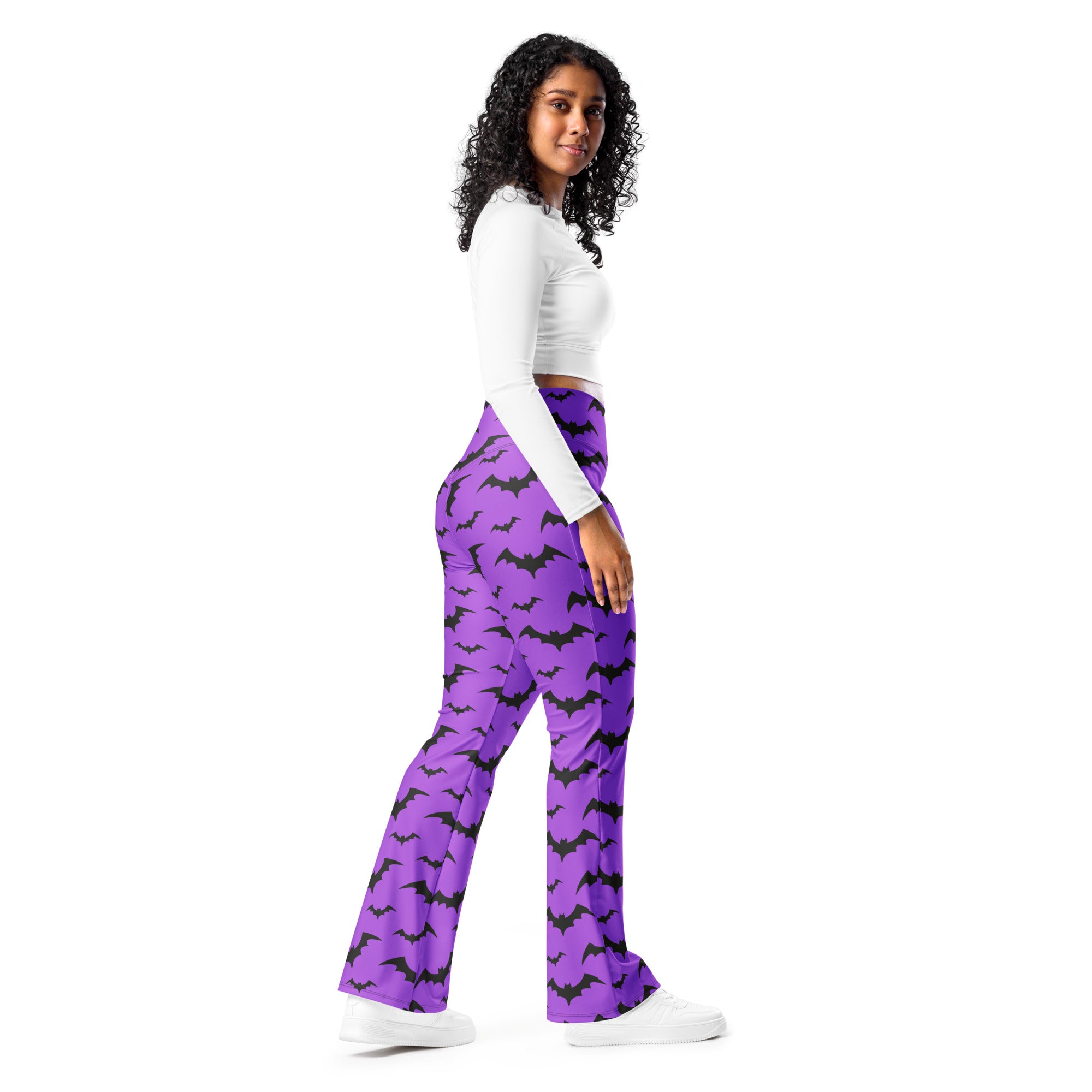 Women’s purple bats halloween high waist flare legging pants with bat pattern and flared legs