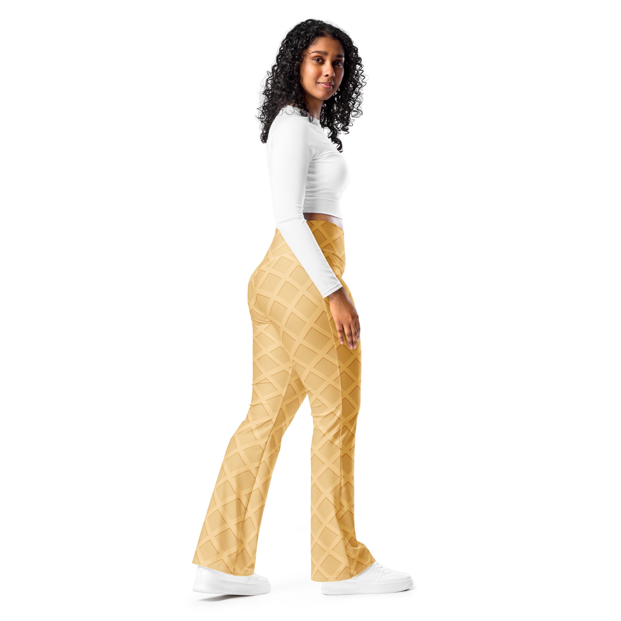 Women’s waffle cone high waist flare legging pants in golden yellow with quilted diamond pattern