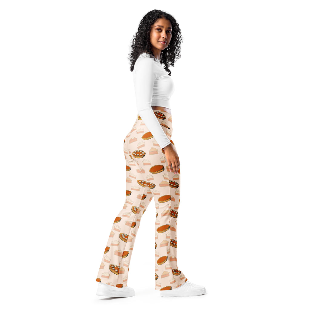 Women’s pumpkin pie thanksgiving high waist flare legging pants with beige base and warm brown pie burger bacon print