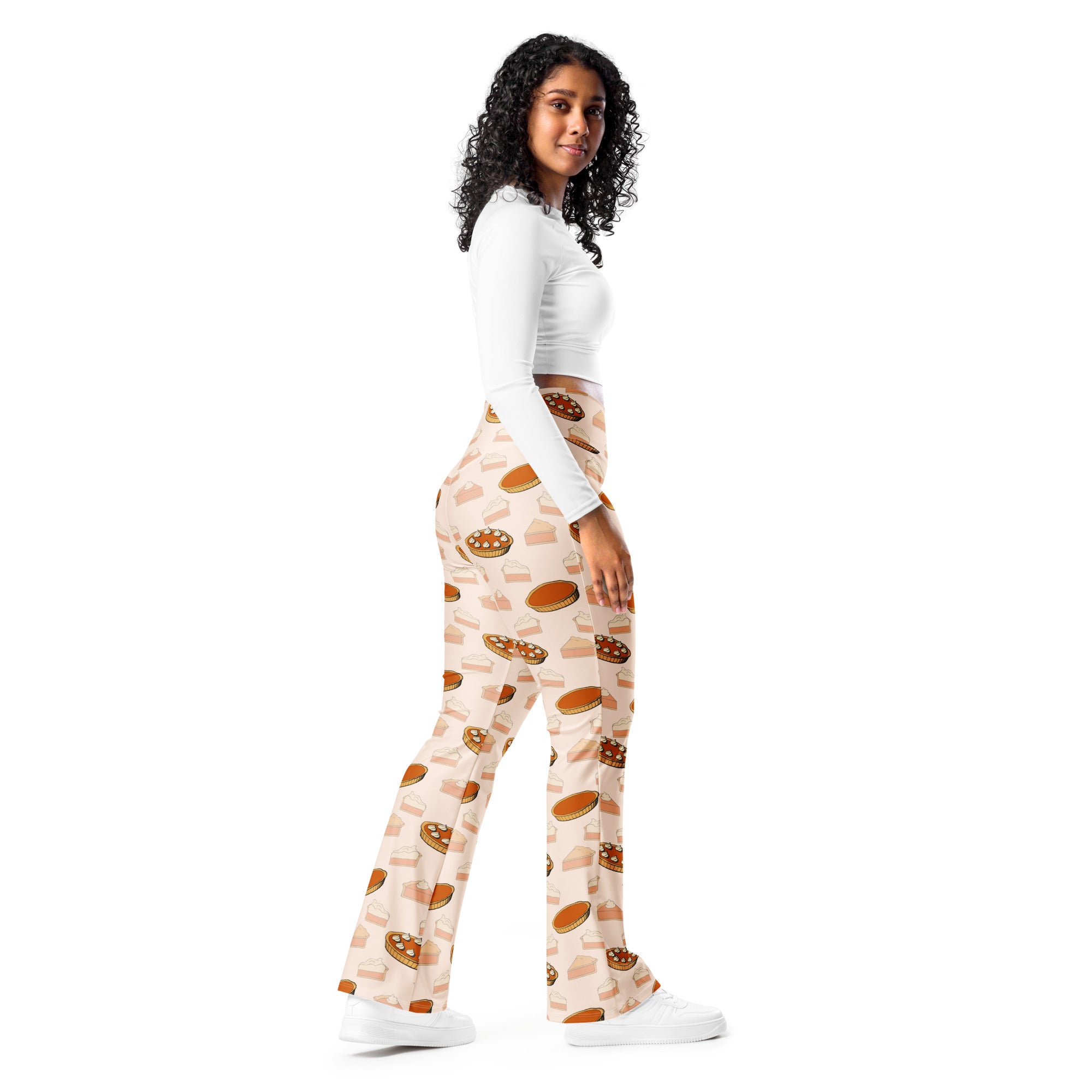 Women’s pumpkin pie thanksgiving high waist flare legging pants with beige base and warm brown pie burger bacon print