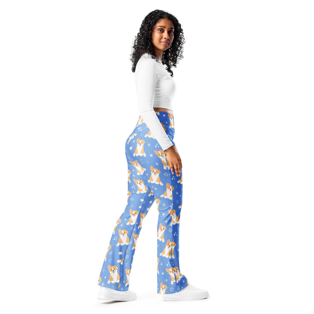 Women's Blue Corgi Dog High Waist Flare Legging Pants