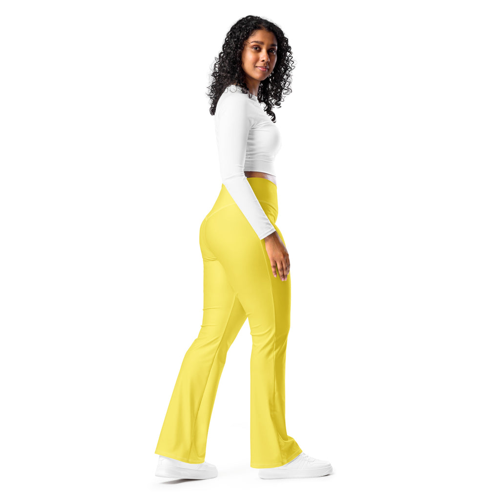 Women’s yellow high waist flare legging pants in bright yellow with a high-waisted flared design
