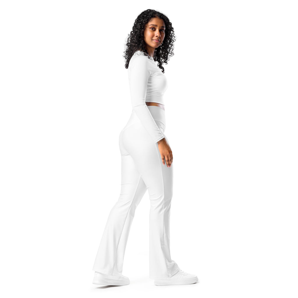 Women’s white long-sleeved crop top and high waist flare legging pants set in stretchy comfortable fabric