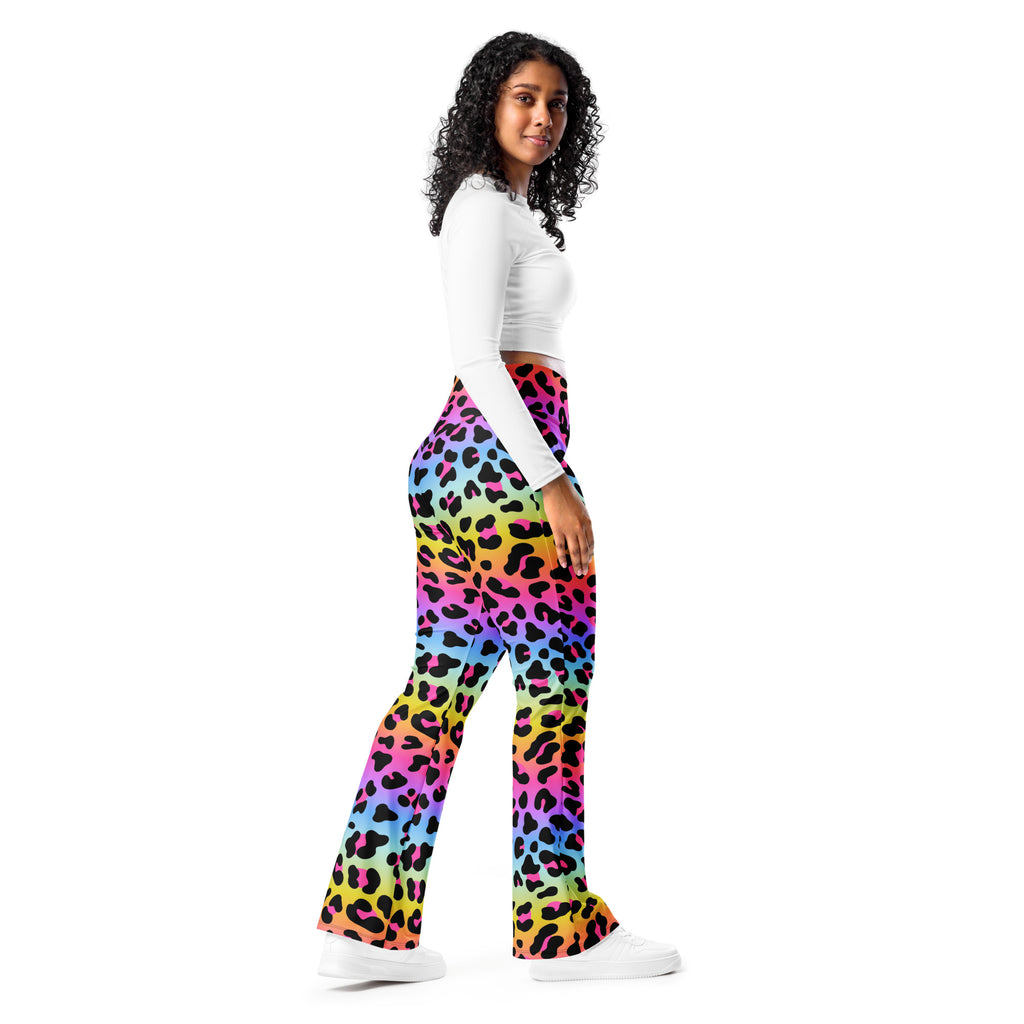 Women’s rainbow leopard high waist flare legging pants in vibrant multicolor stretchy fabric with flared legs