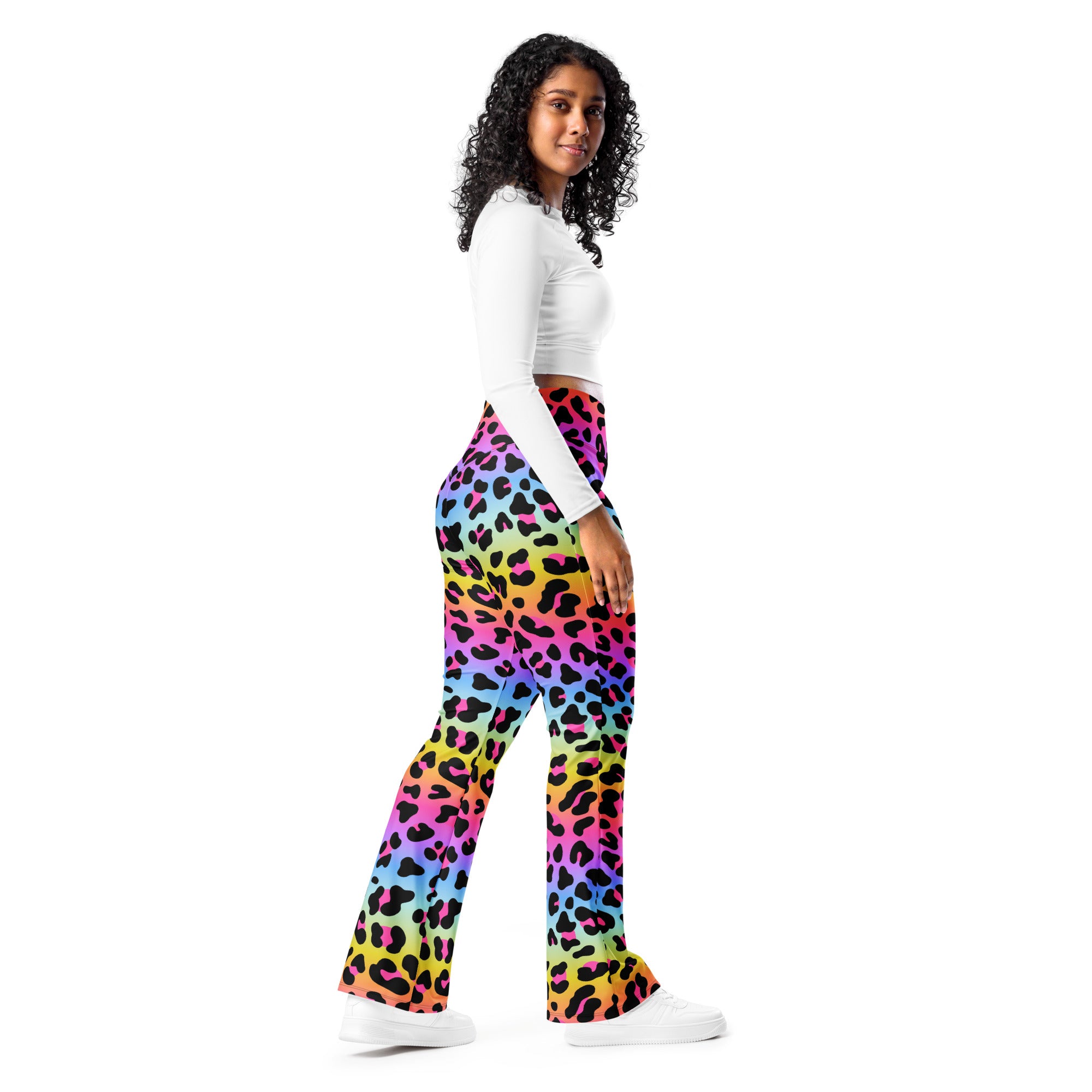 Women’s rainbow leopard high waist flare legging pants in vibrant multicolor stretchy fabric with flared legs