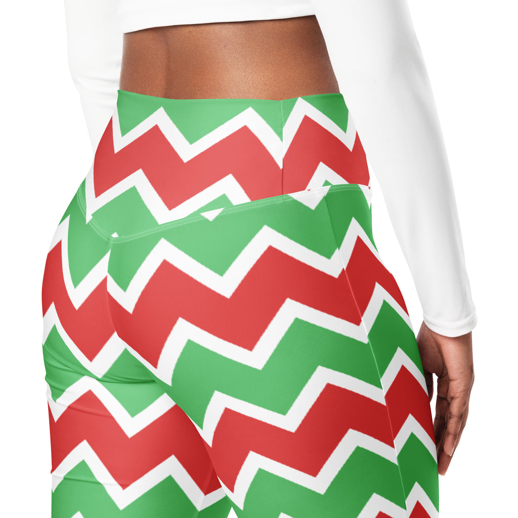 Women’s christmas chevron high waist flare leggings in red and green zigzag pattern with white trim