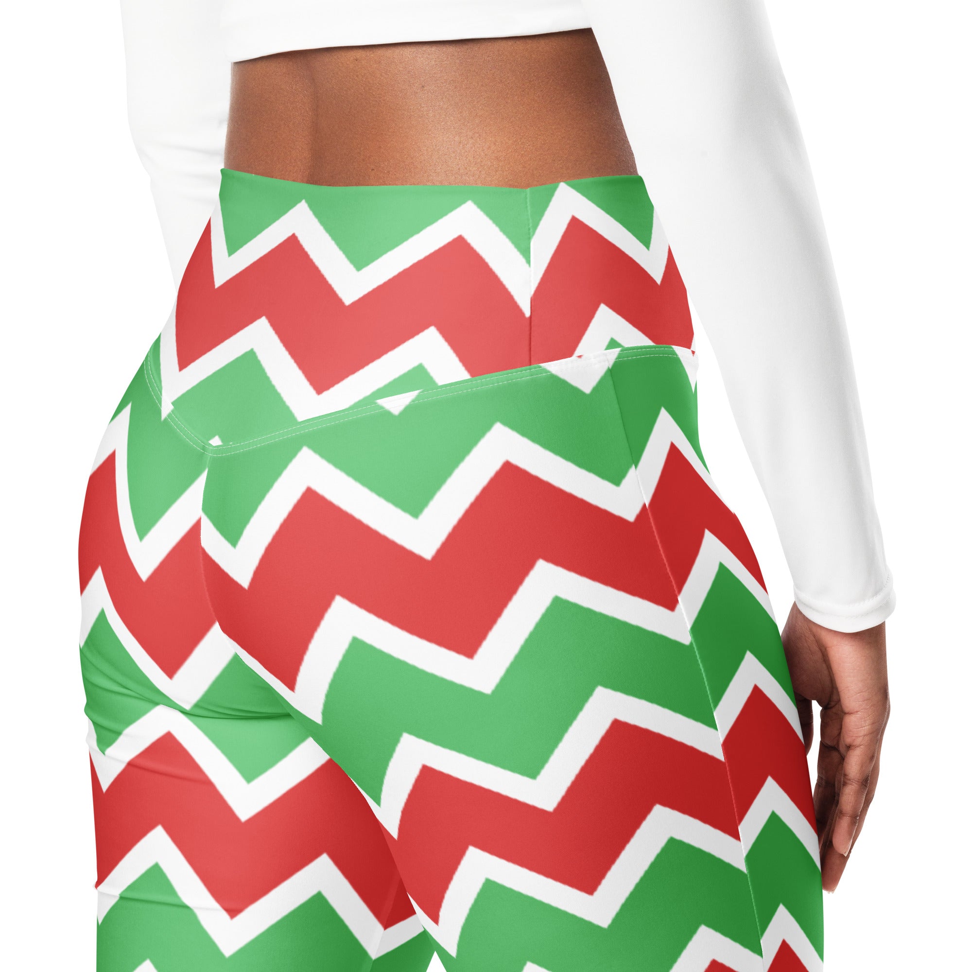 Women’s christmas chevron high waist flare leggings in red and green zigzag pattern with white trim