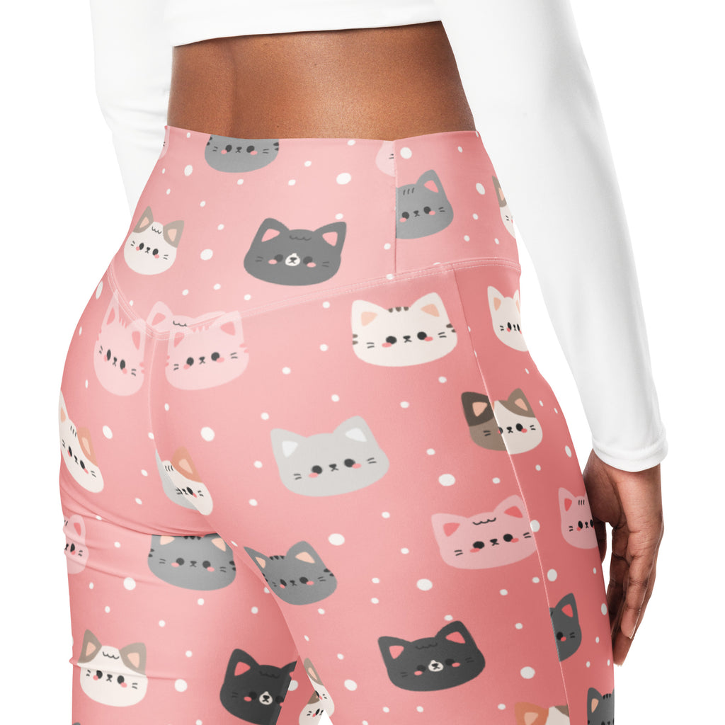 Women’s cute pink high waist flare leggings with playful gray white and black cartoon cat faces and polka dots