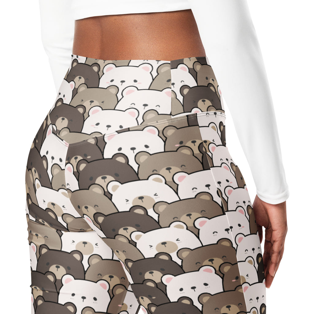 Women’s cute bear print high waist flare leggings with playful white beige and brown cartoon bears pattern