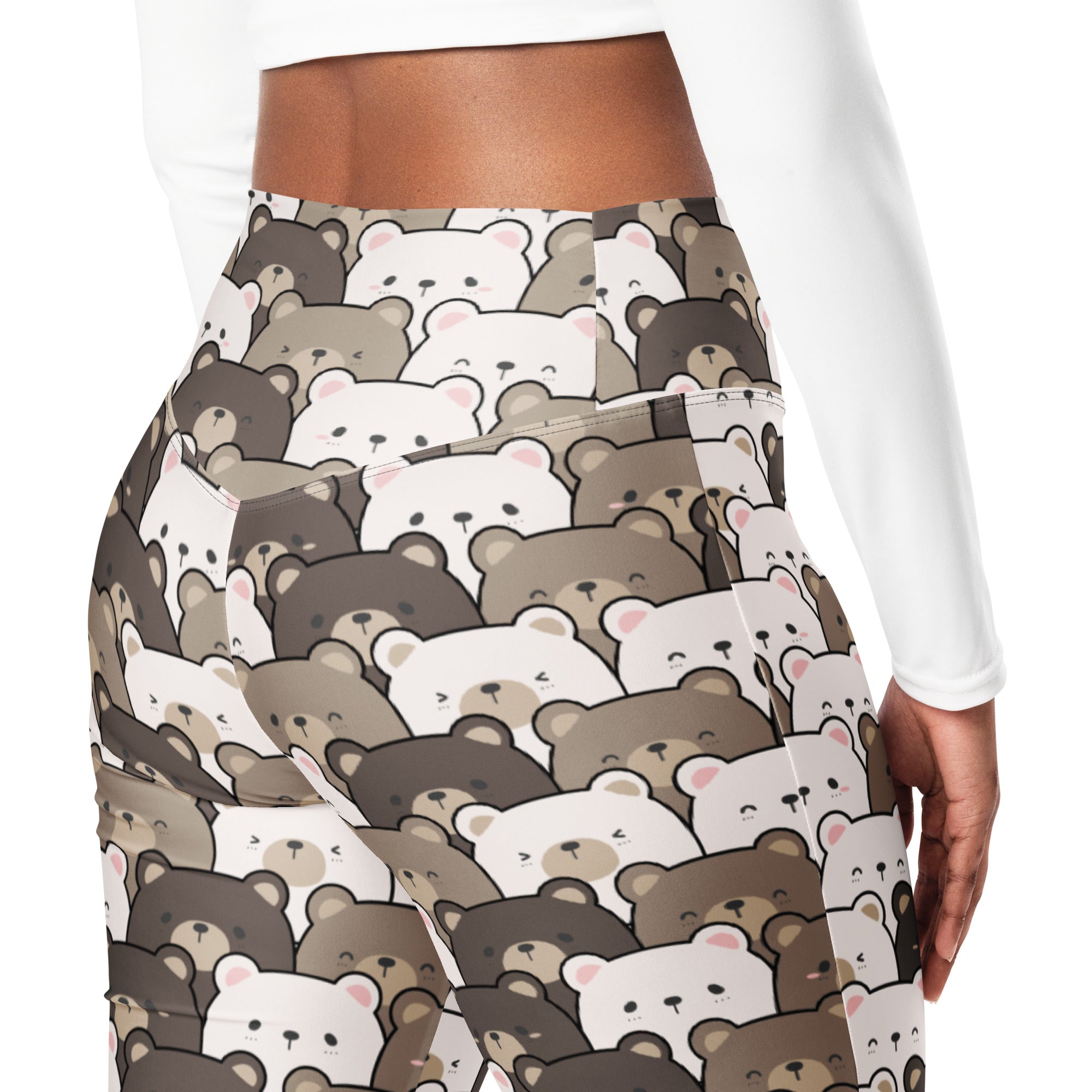 Women’s cute bear print high waist flare leggings with playful white beige and brown cartoon bears pattern