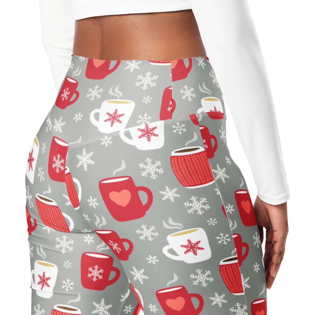 Gray high waist flare leggings with festive red and white mugs hearts and snowflakes perfect for hot cocoa season