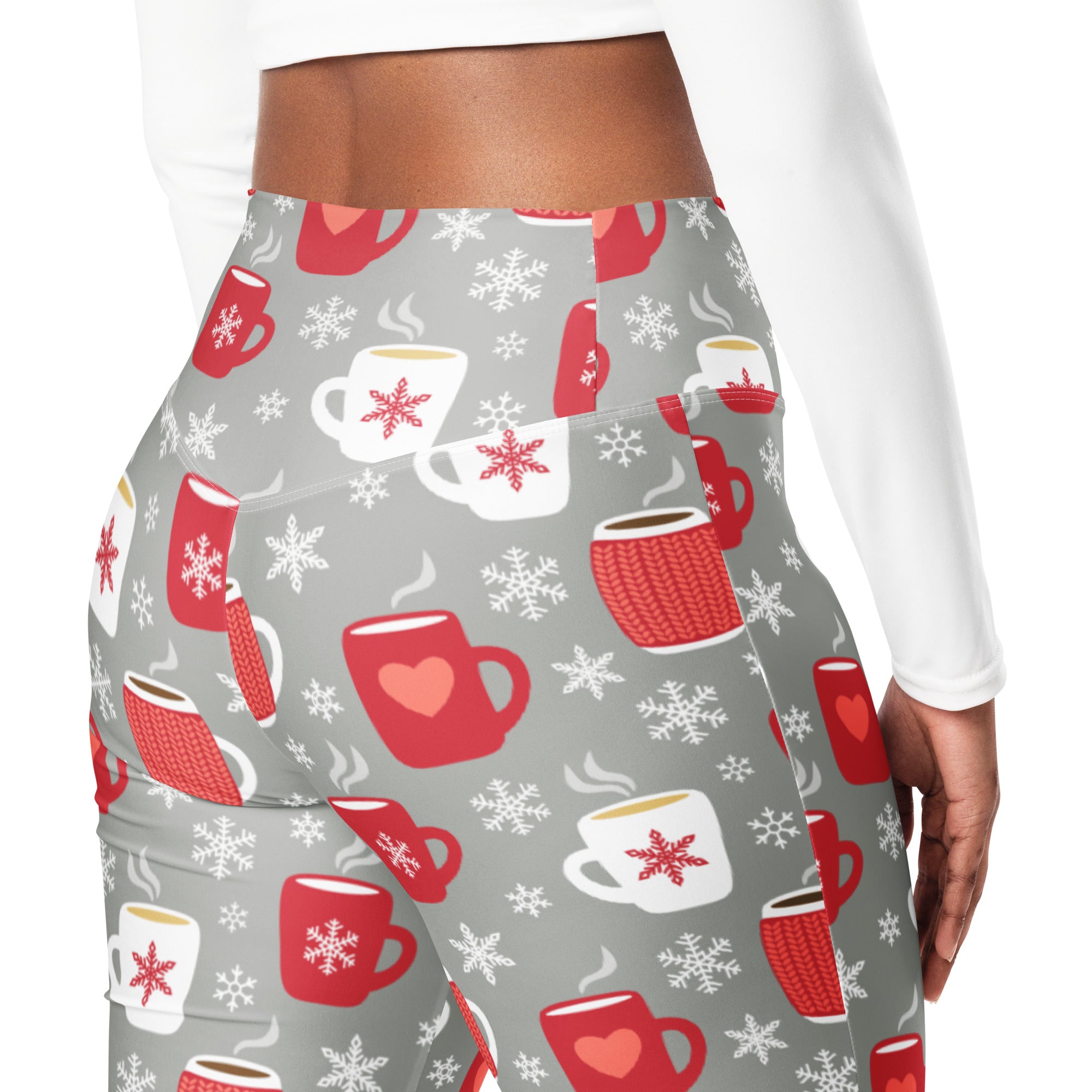 Gray high waist flare leggings with festive red and white mugs hearts and snowflakes perfect for hot cocoa season