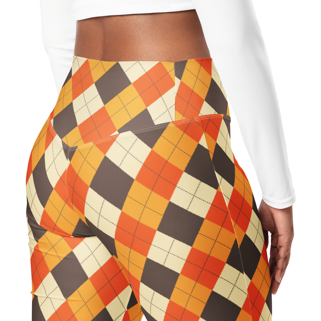 Women’s fall argyle high waist flare leggings with bold orange mustard yellow dark gray and cream pattern