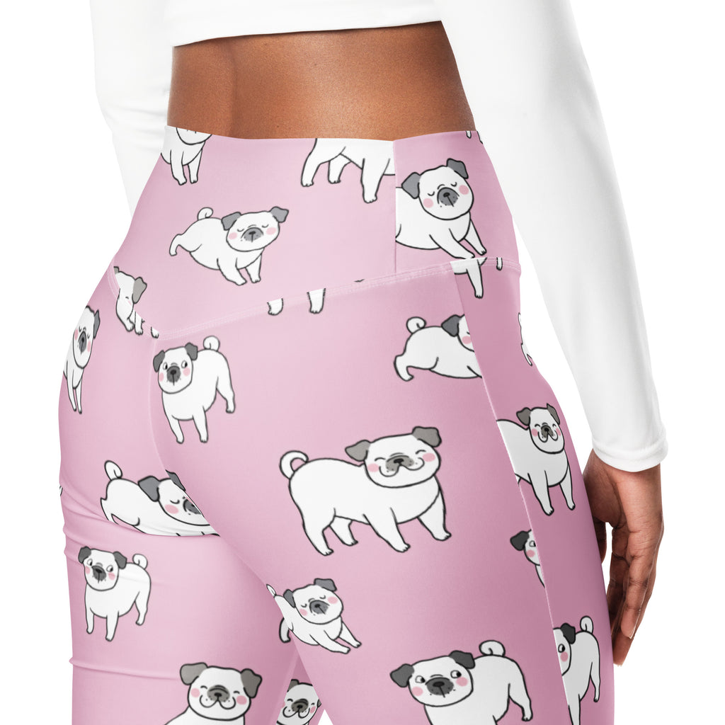 Women’s pink pug dog high waist flare leggings with playful white pug pattern featuring black ears and noses