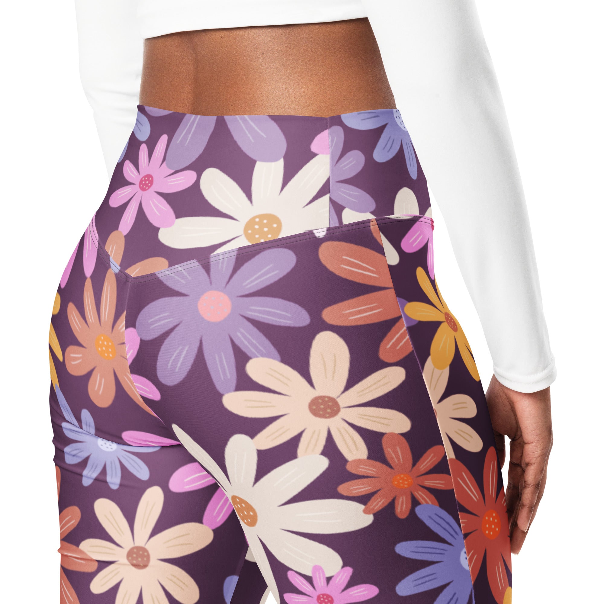 Women’s retro purple high waist flare leggings with vibrant cartoon-style pink white lavender and orange daisies