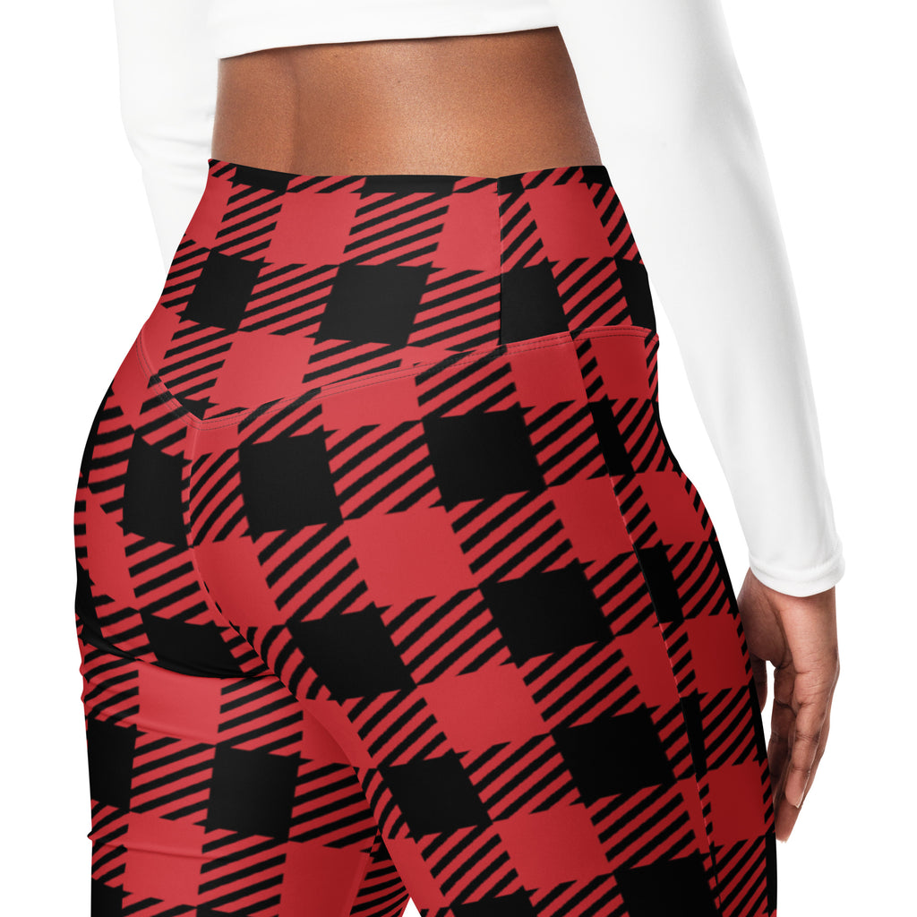 Women’s red buffalo plaid high waist flare leggings with bold diagonal stripe pattern in red and black