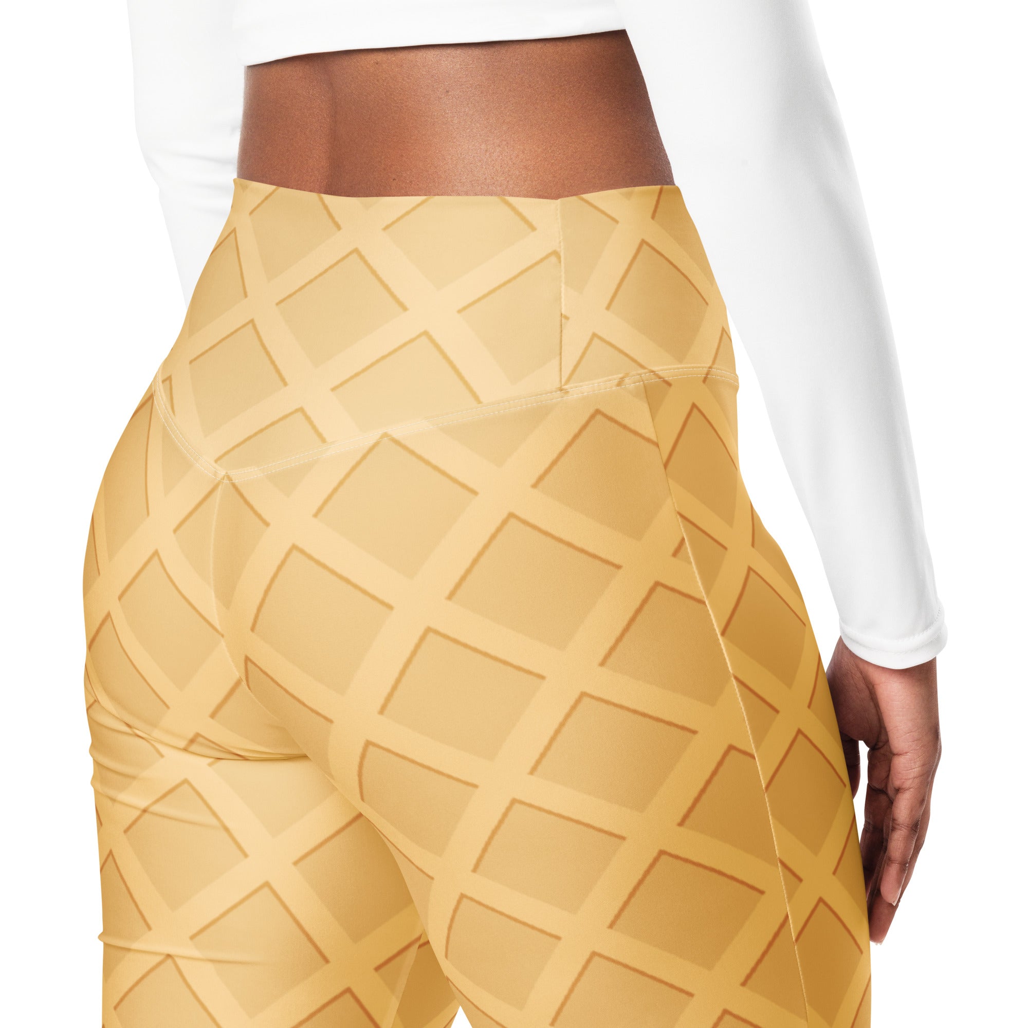 Golden-yellow high waist flare leggings with detailed waffle cone pattern for women in a soft textured fabric