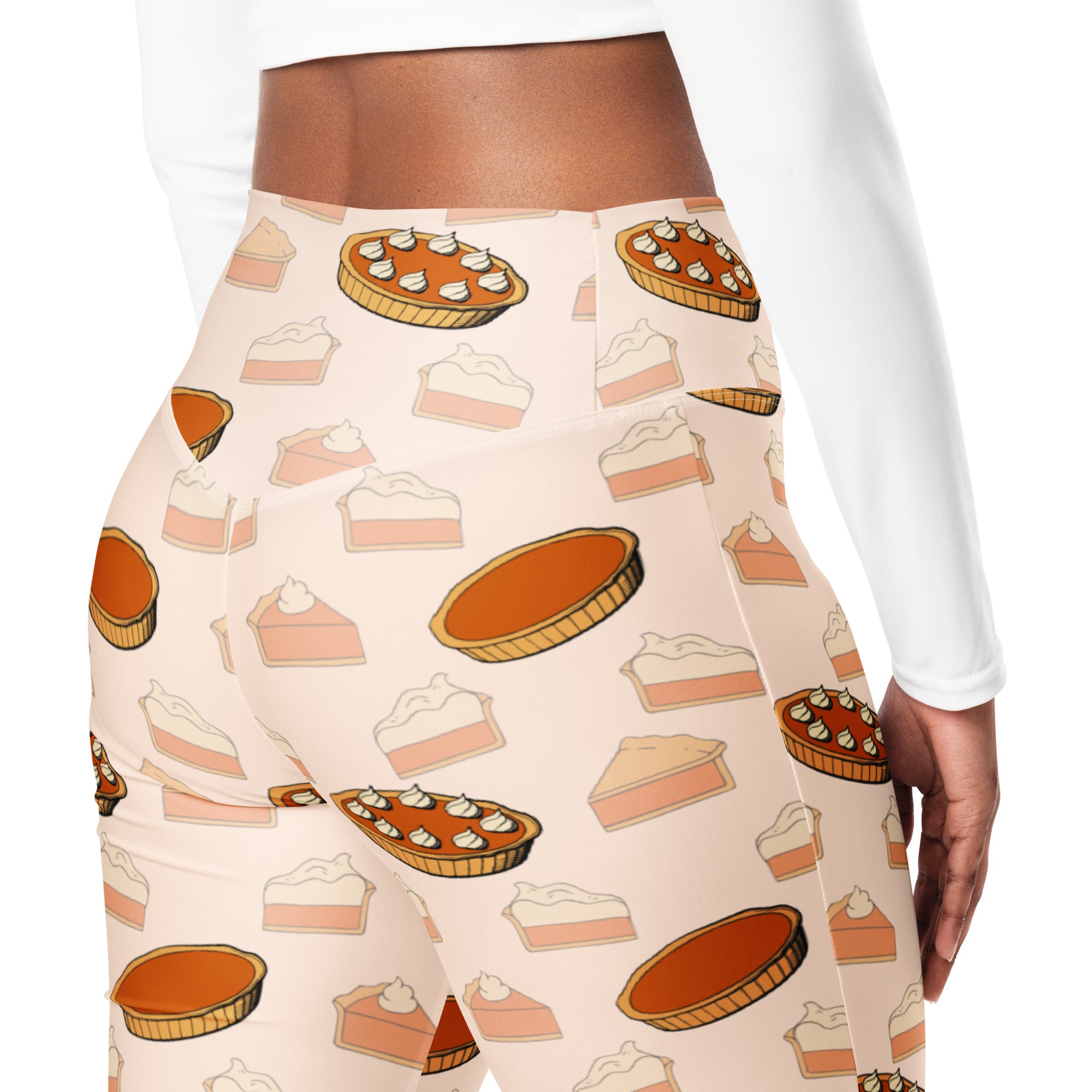 Women’s pumpkin pie thanksgiving high waist flare leggings in cream with playful orange and brown pie patterns