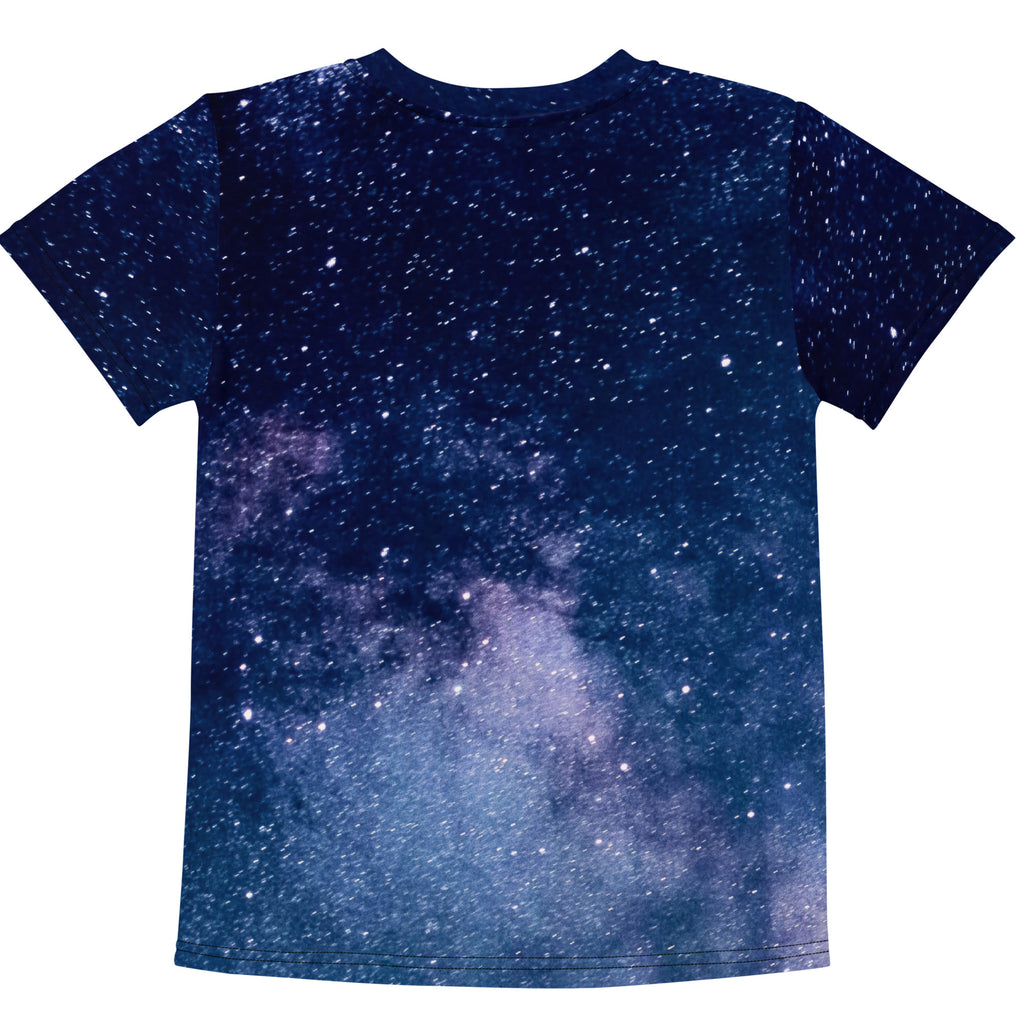 Kids realistic galaxy cotton t-shirt in navy blue with a detailed purple white and light blue galaxy print